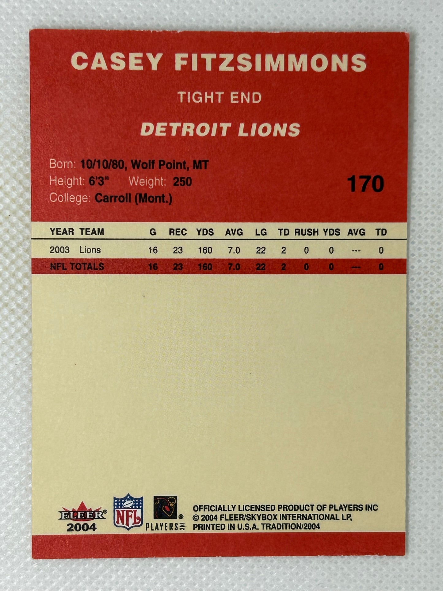 2004 Fleer Tradition Casey Fitzsimmons #170 Detroit Lions Signed Card