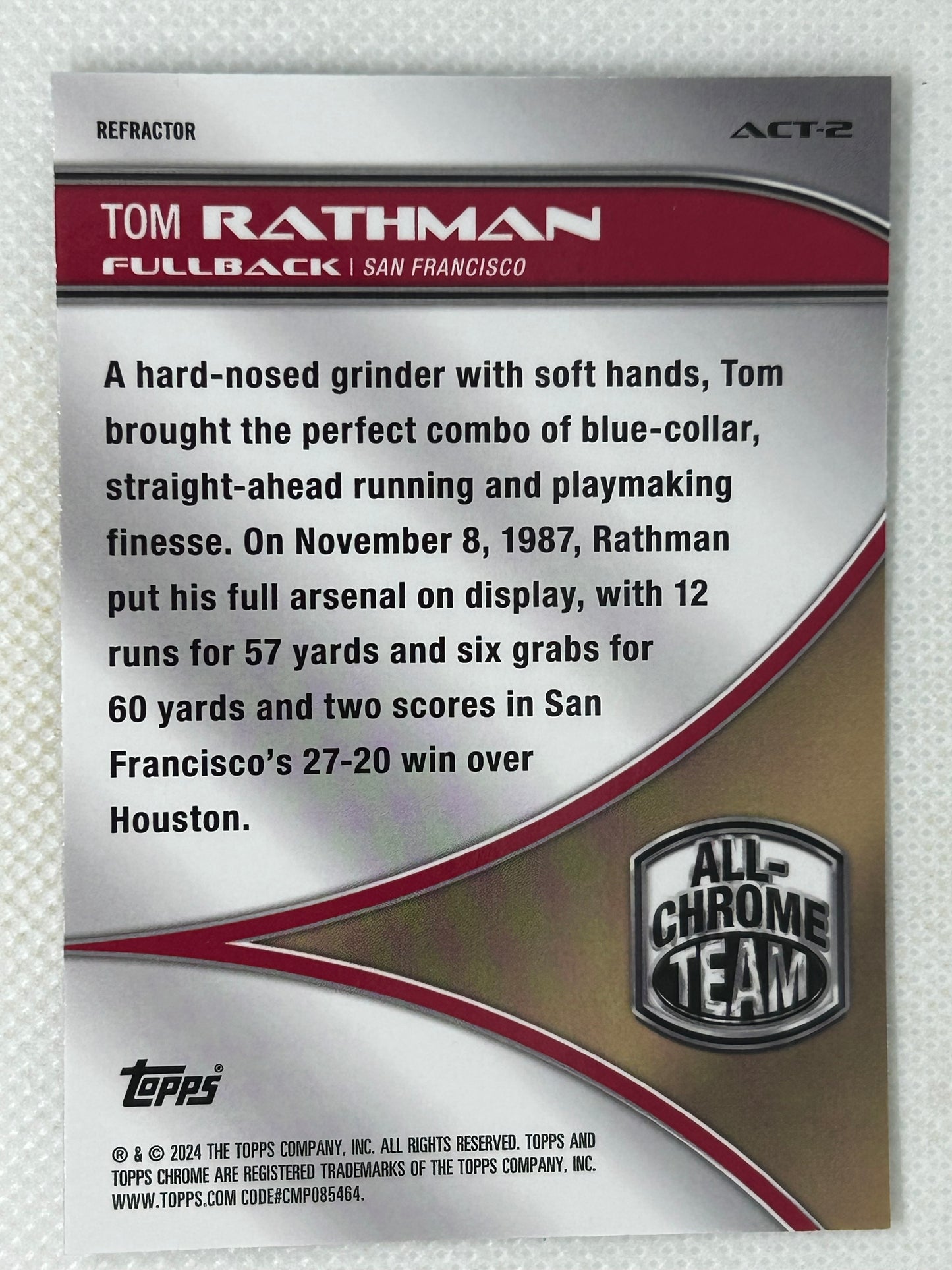 2024 Topps Chrome #ACT-2 Tom Rathman All-Chrome Team Refractor San Francisco 49ers Signed Card