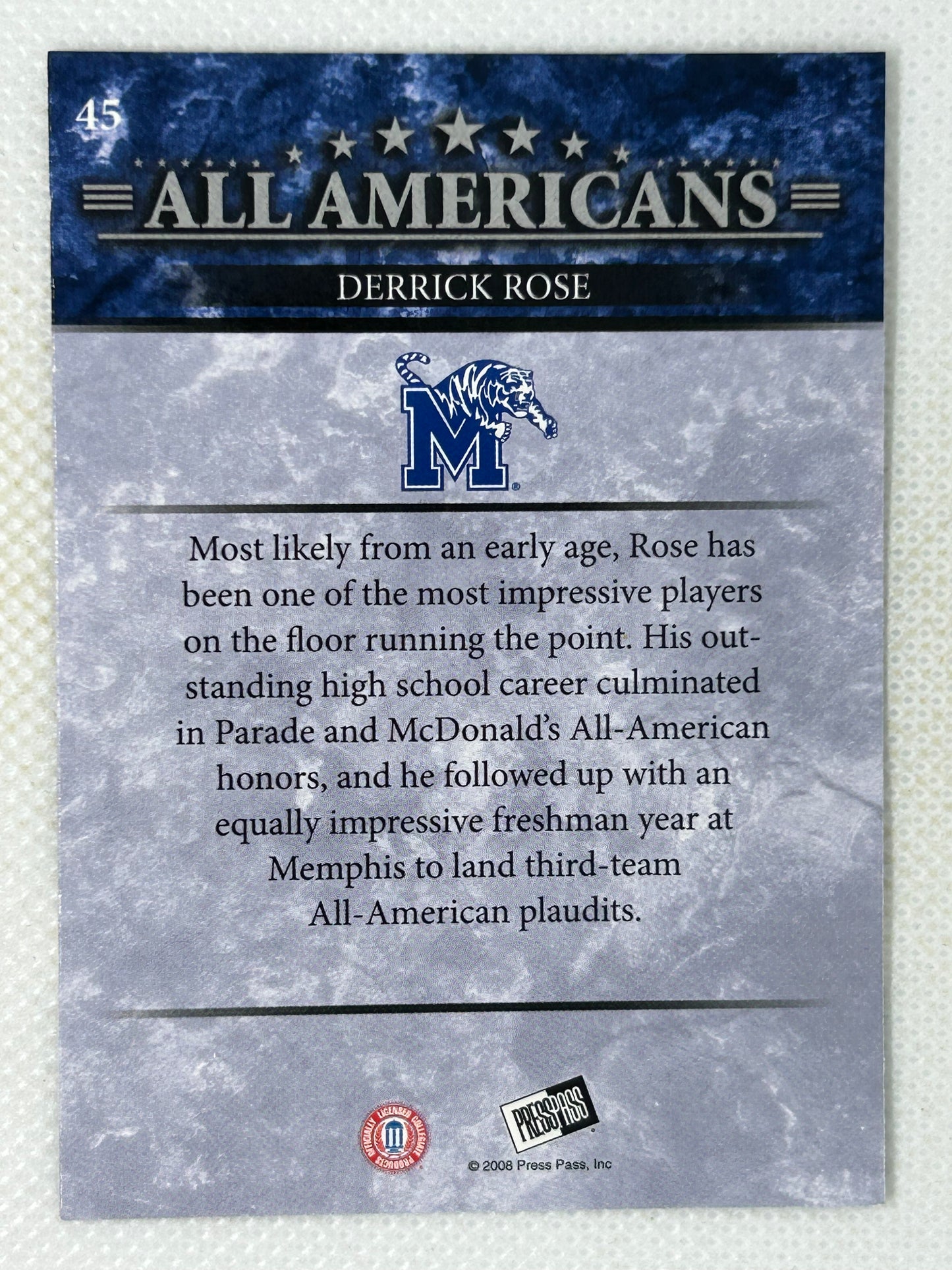 2008-09 Press Pass All Americans #45 Derrick Rose Rookie Card Memphis Tigers