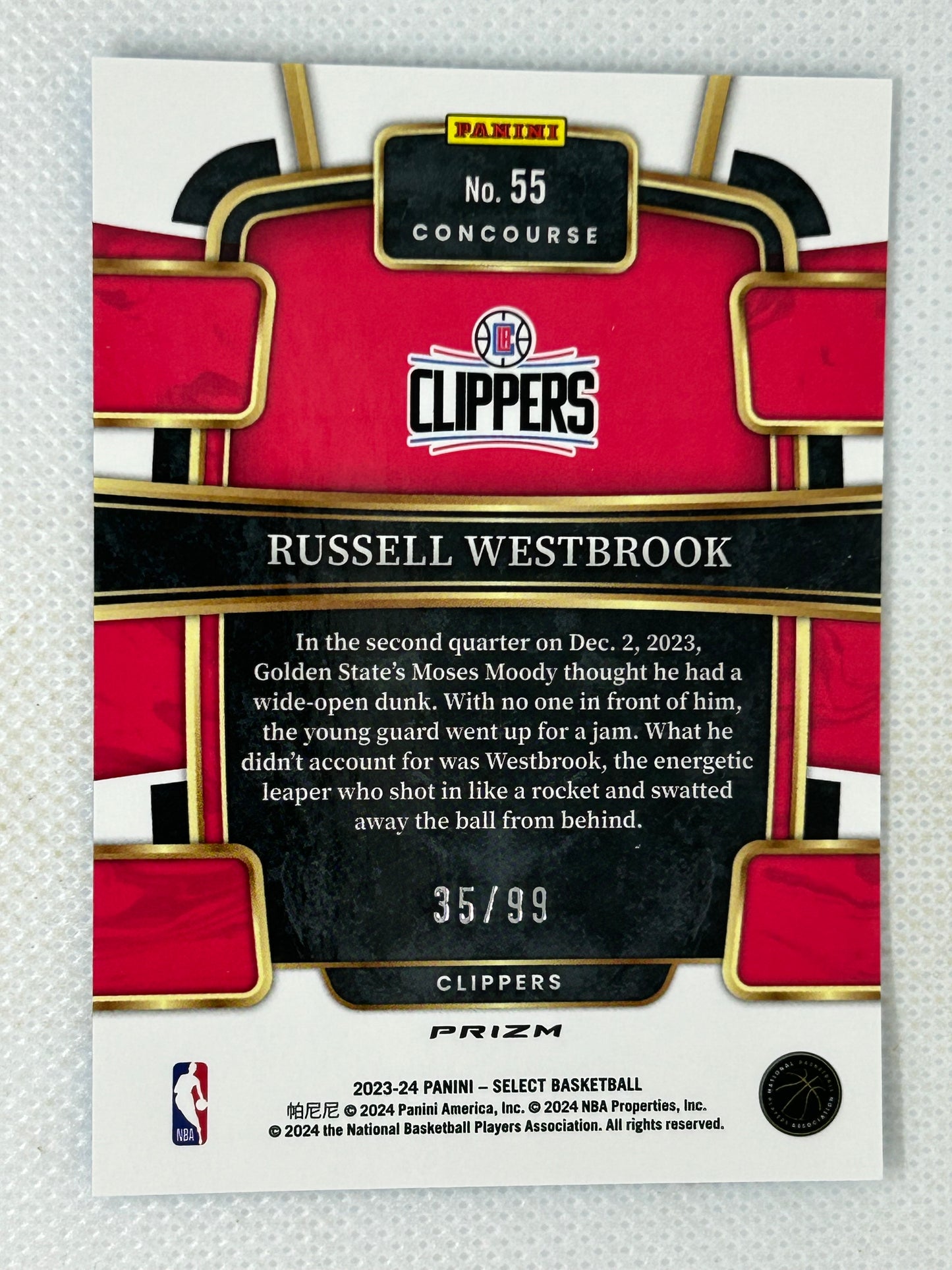 2023-24 Panini Select #55 Russell Westbrook Light Blue Disco Prizms #/99 Los Angeles Clippers