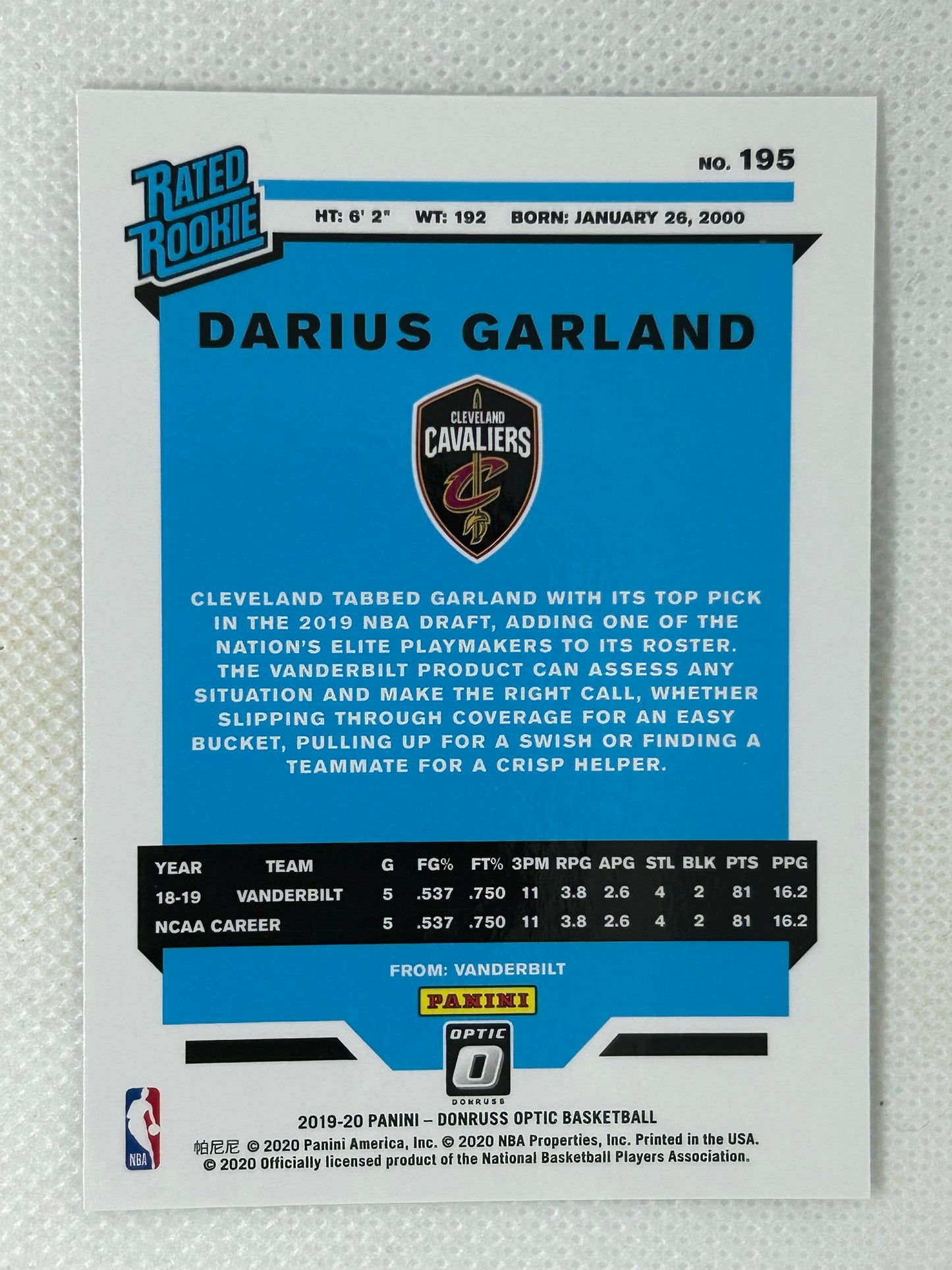 2019-20 Panini Optic Darius Garland Rookie Card #195 Cleveland Cavaliers