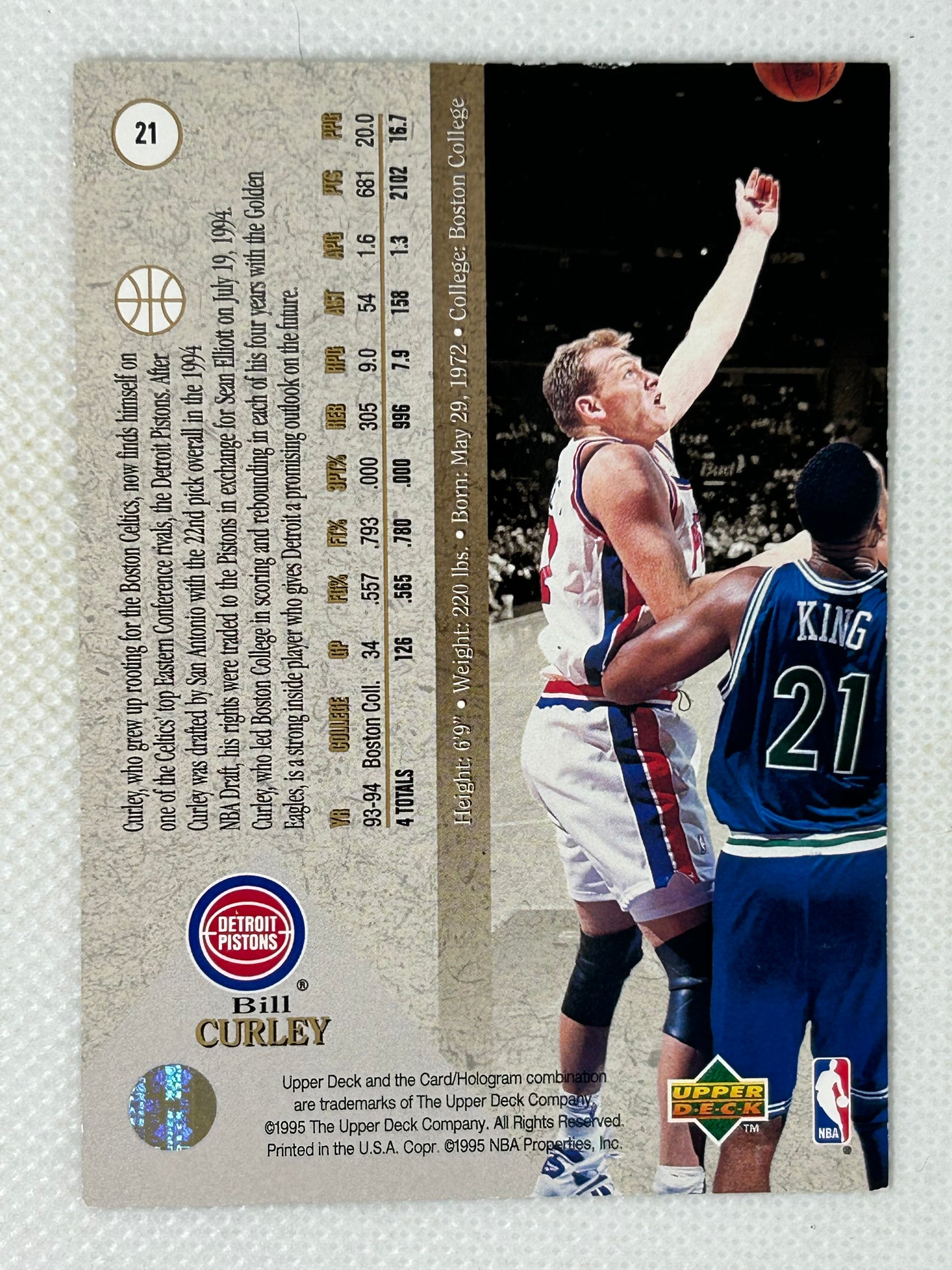 1994-95 SP Premier Prospects Bill Curley #21 Rookie Card Detroit Pistons Signed Card