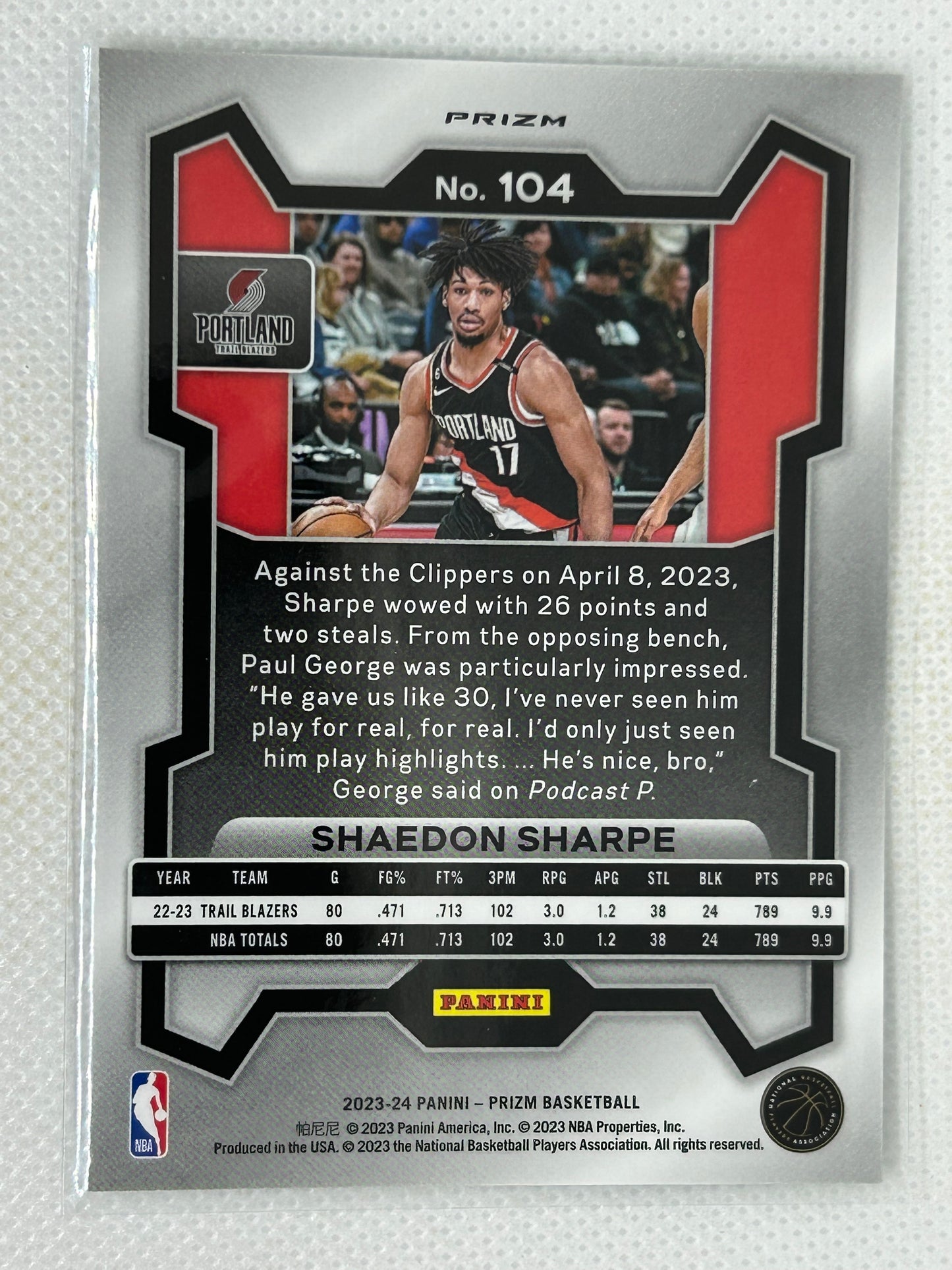 2023-24 Panini Prizm Green Shaeden Sharpe #104 Portland Trailblazers