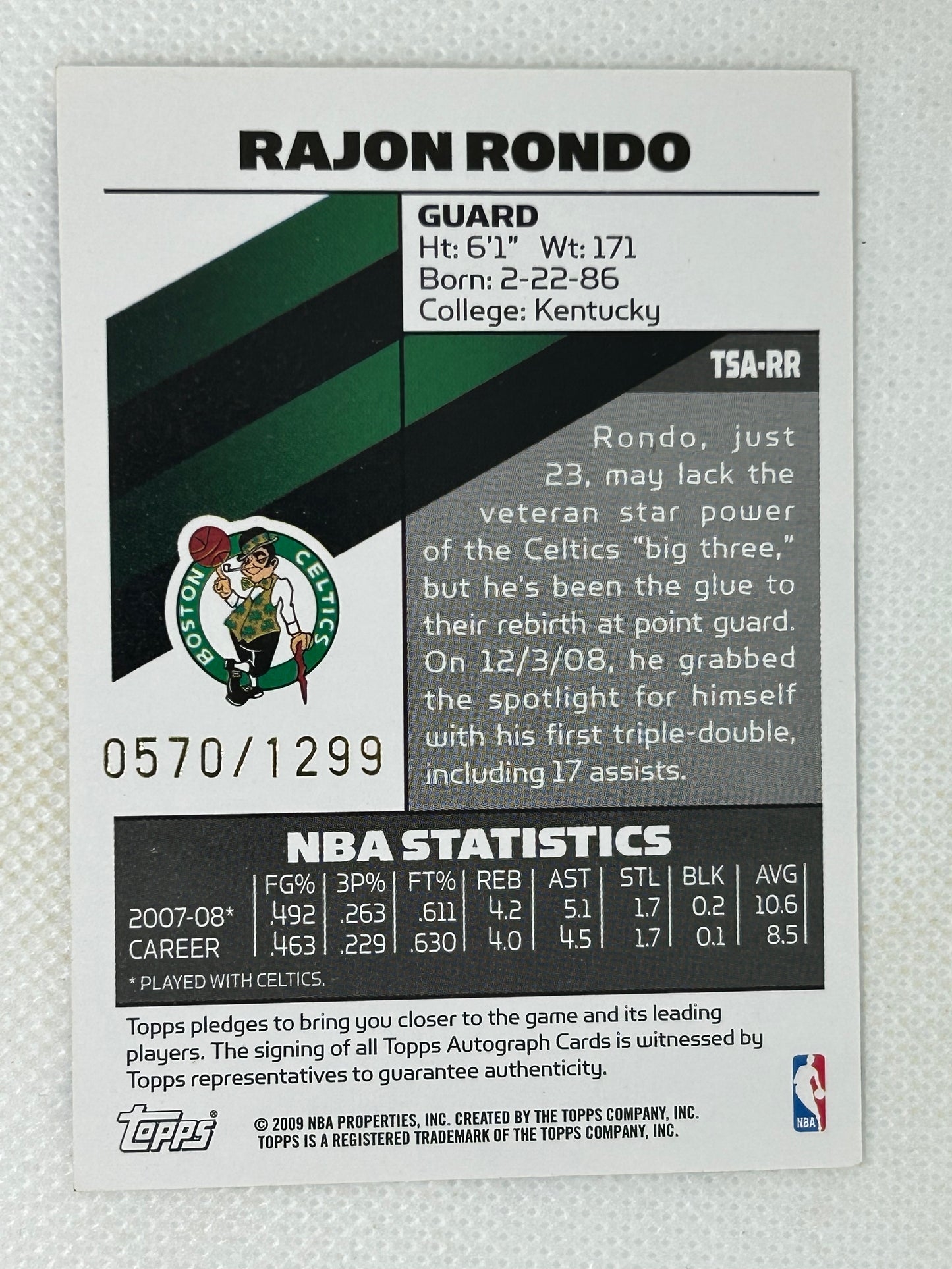 2008-09 Topps Signature Autograph Rajon Rondo /1299 #TSA-RR Boston Celtics