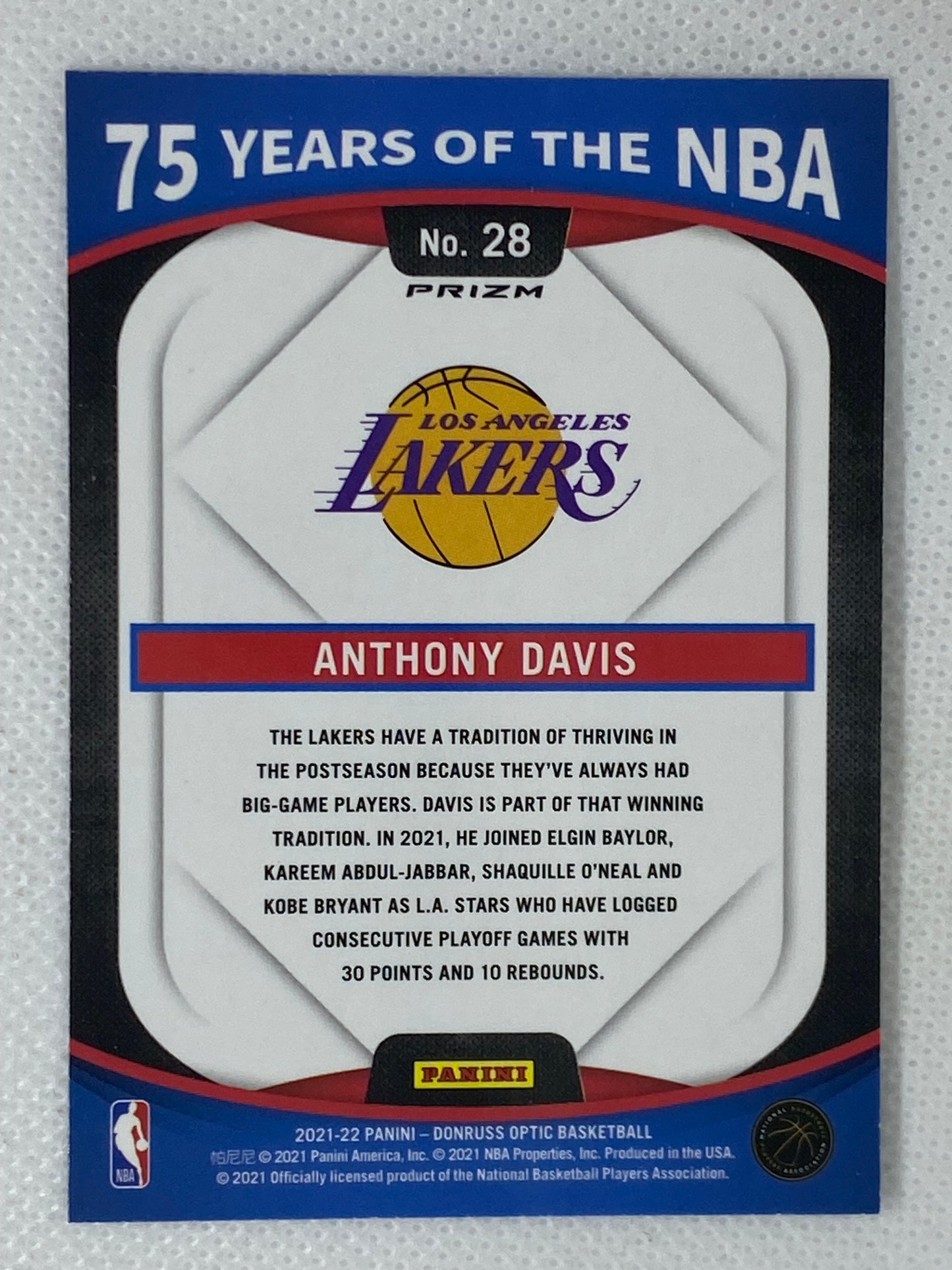 2021-22 Panini Optic Basketball Anthony Davis #28 Prizm 75 Years of the NBA