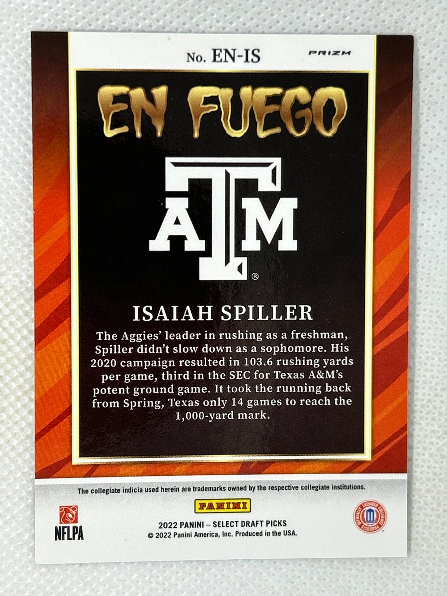 2022 Panini Select Draft Picks En Fuego #EN-IS Isaiah Spiller Texas A&M Aggies