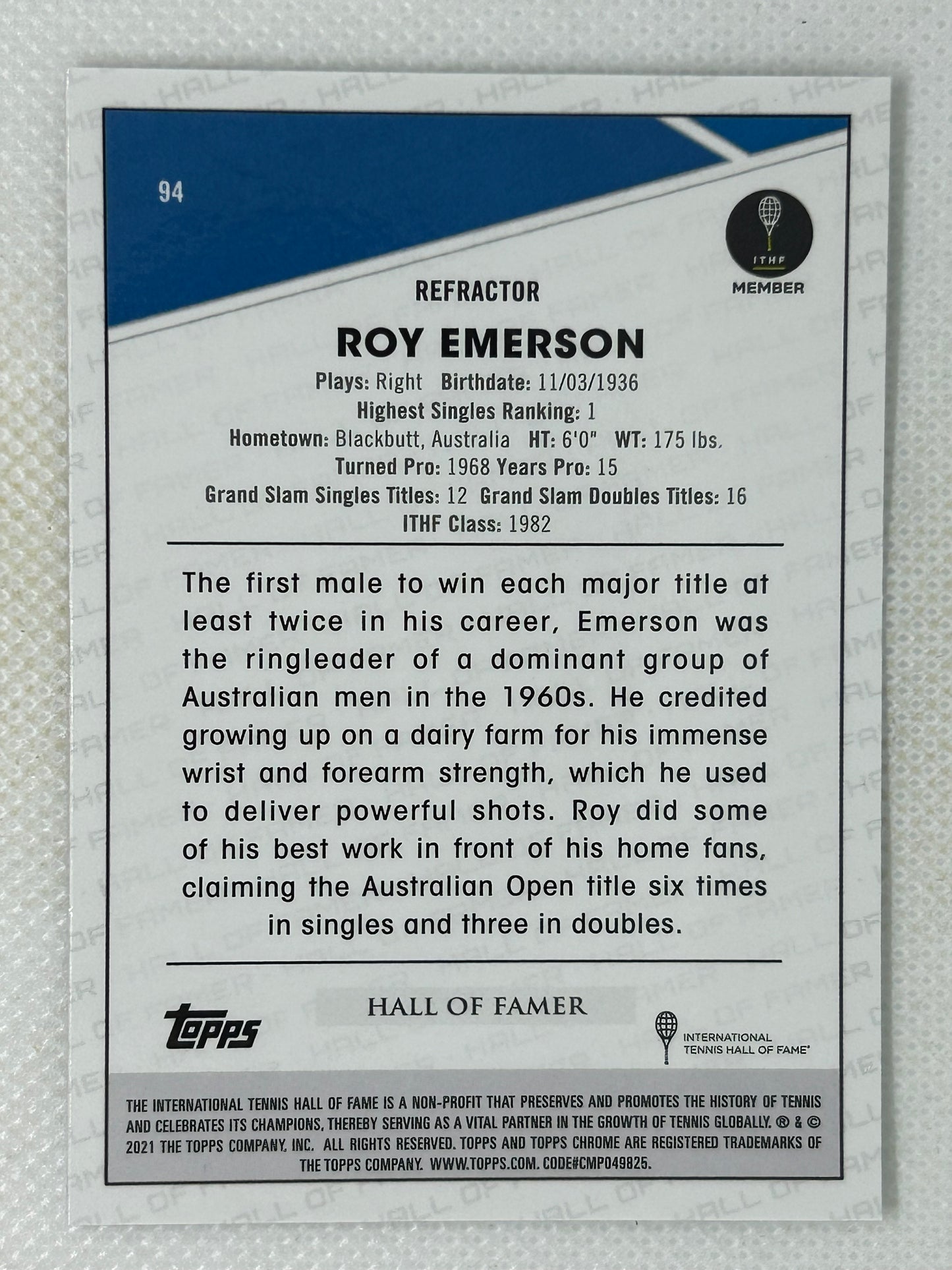 2021 Topps Chrome Silver Refractor #94 Roy Emerson HOF Signed Card
