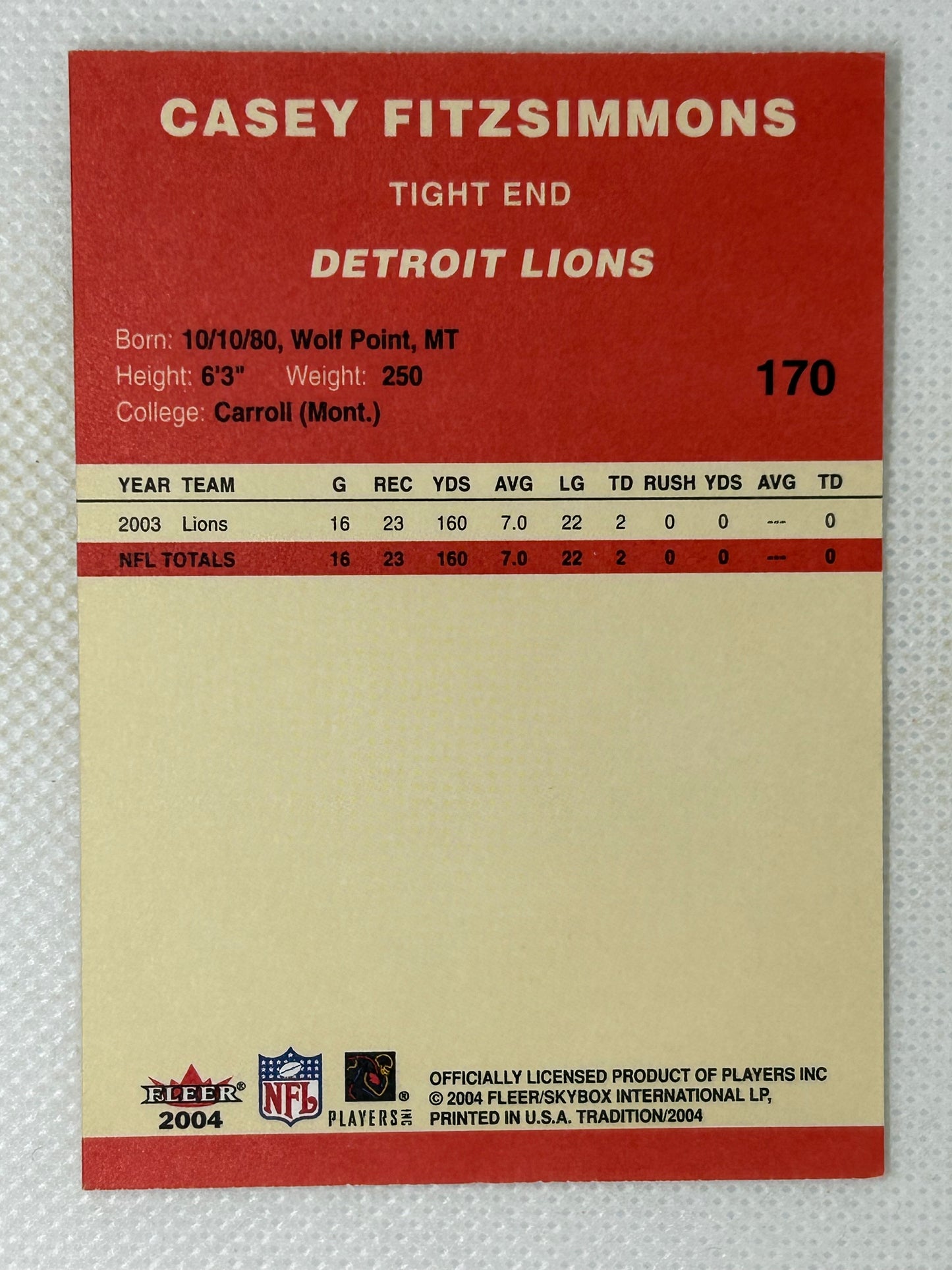 2004 Fleer Tradition Casey Fitzsimmons #170 Detroit Lions Signed Card
