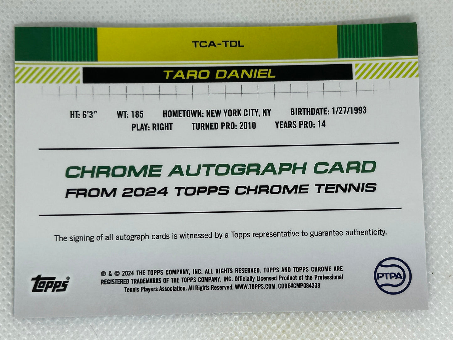 2024 Topps Chrome Tennis Autographs Taro Daniel Blue Refractor /250 #TCA-TDL