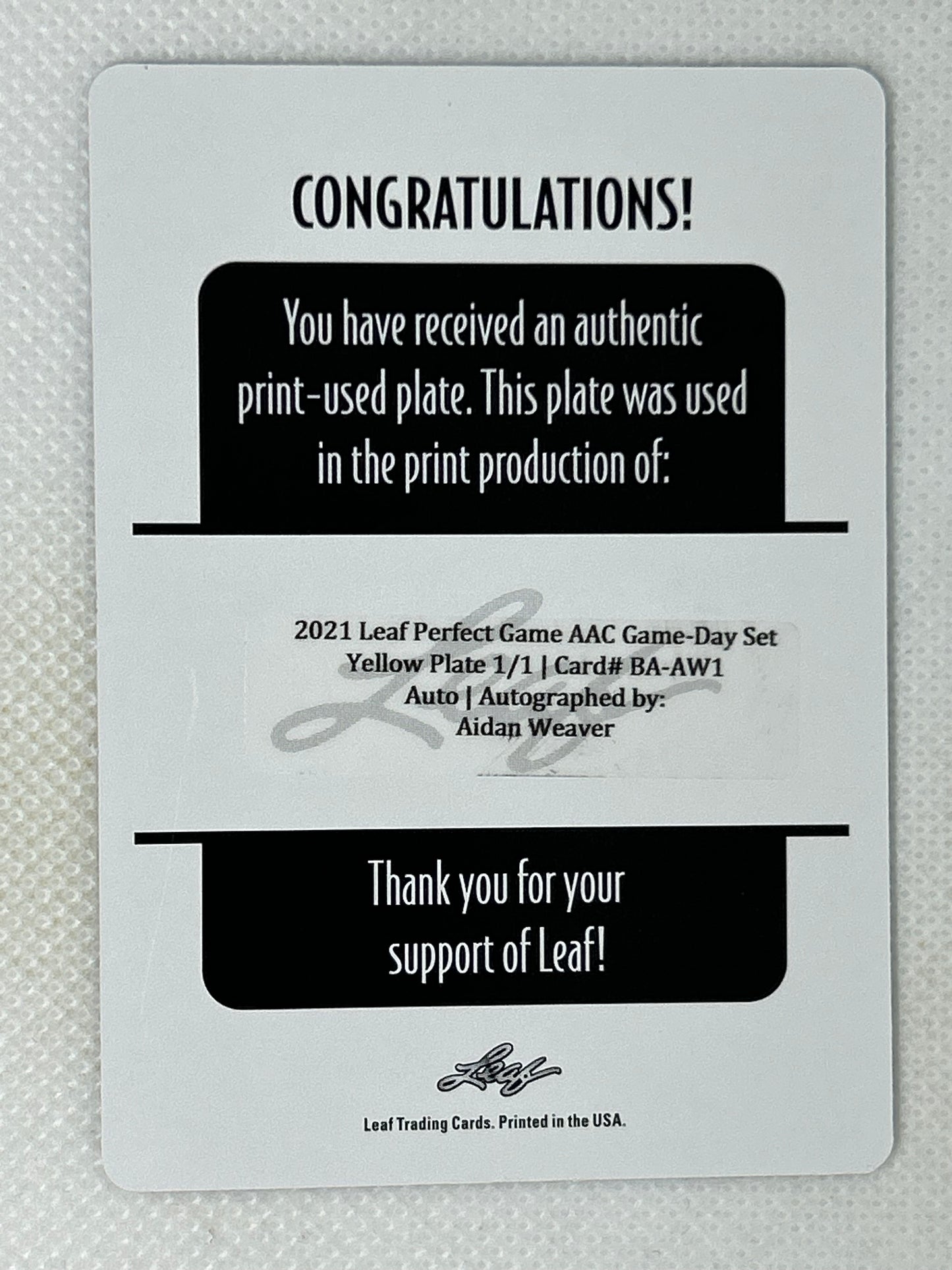 2021 Leaf Perfect Game AAC Game-Day Yellow Printing Plate 1/1 Autograph Aidan Weaver #BA-AW1