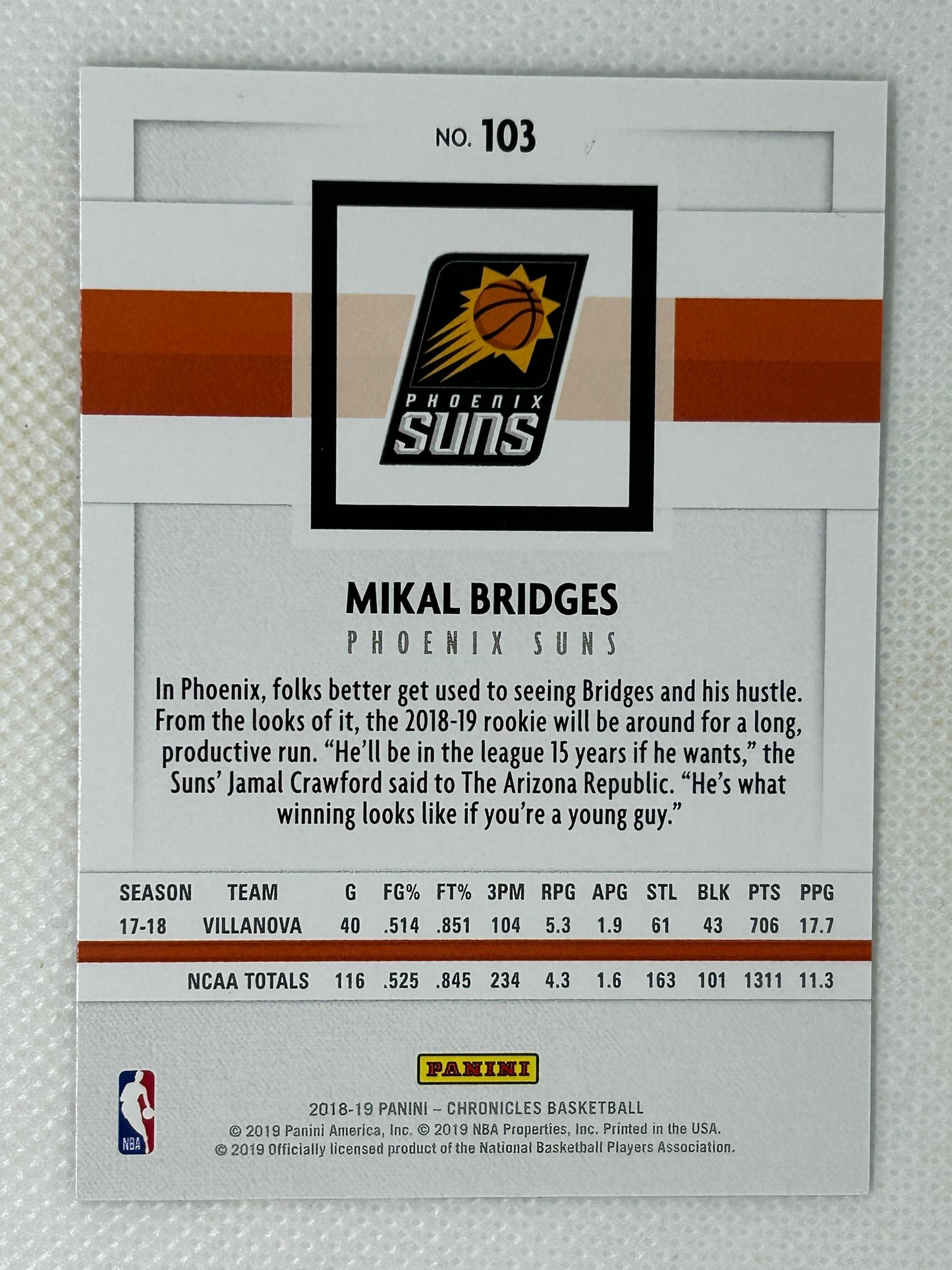2018-19 Panini Chronicles Rookie Mikal Bridges #103 Phoenix Suns