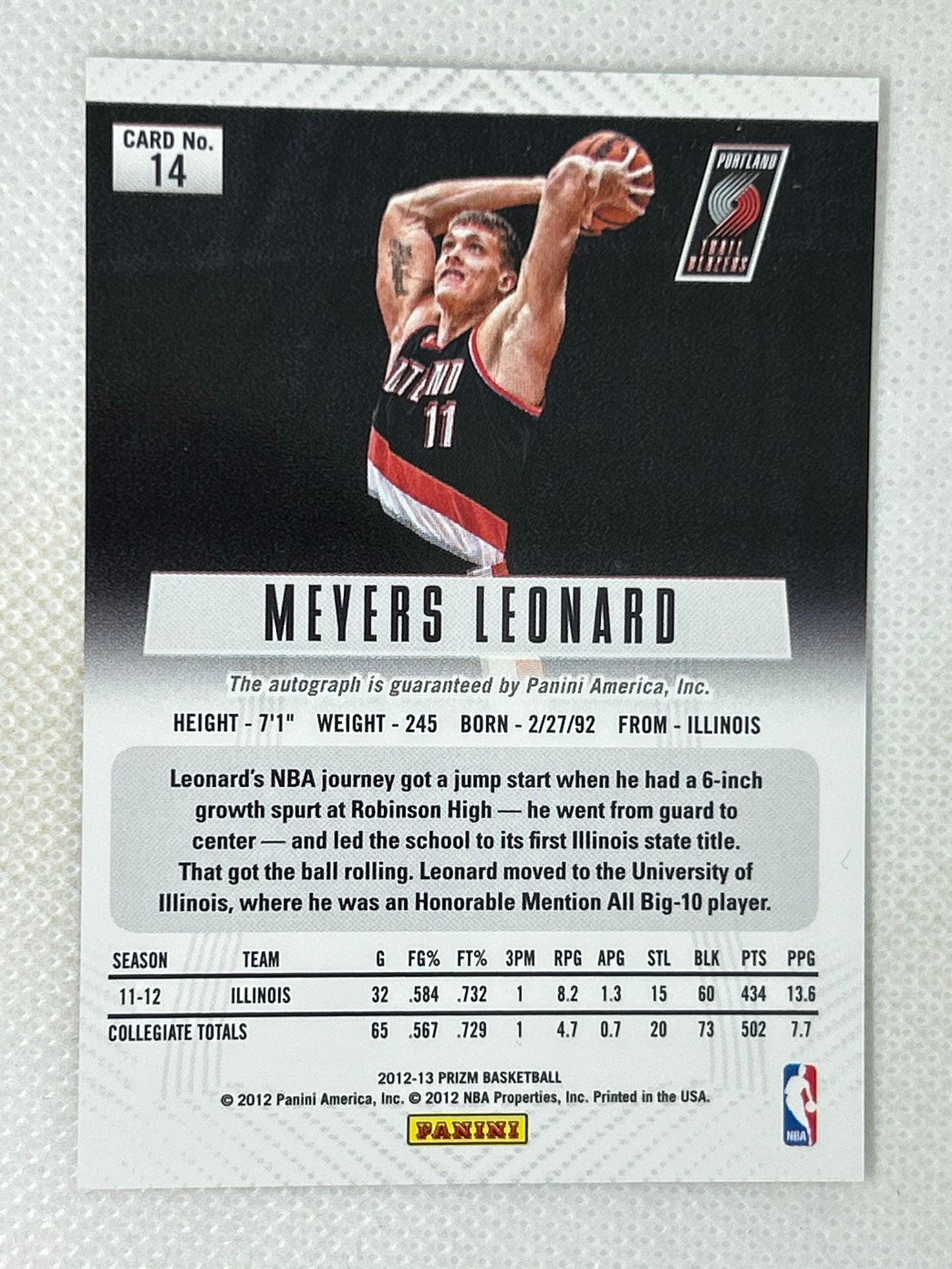 2012-13 Panini Prizm Rookie Autograph Meyers Leonard #14 Portland Trailblazers