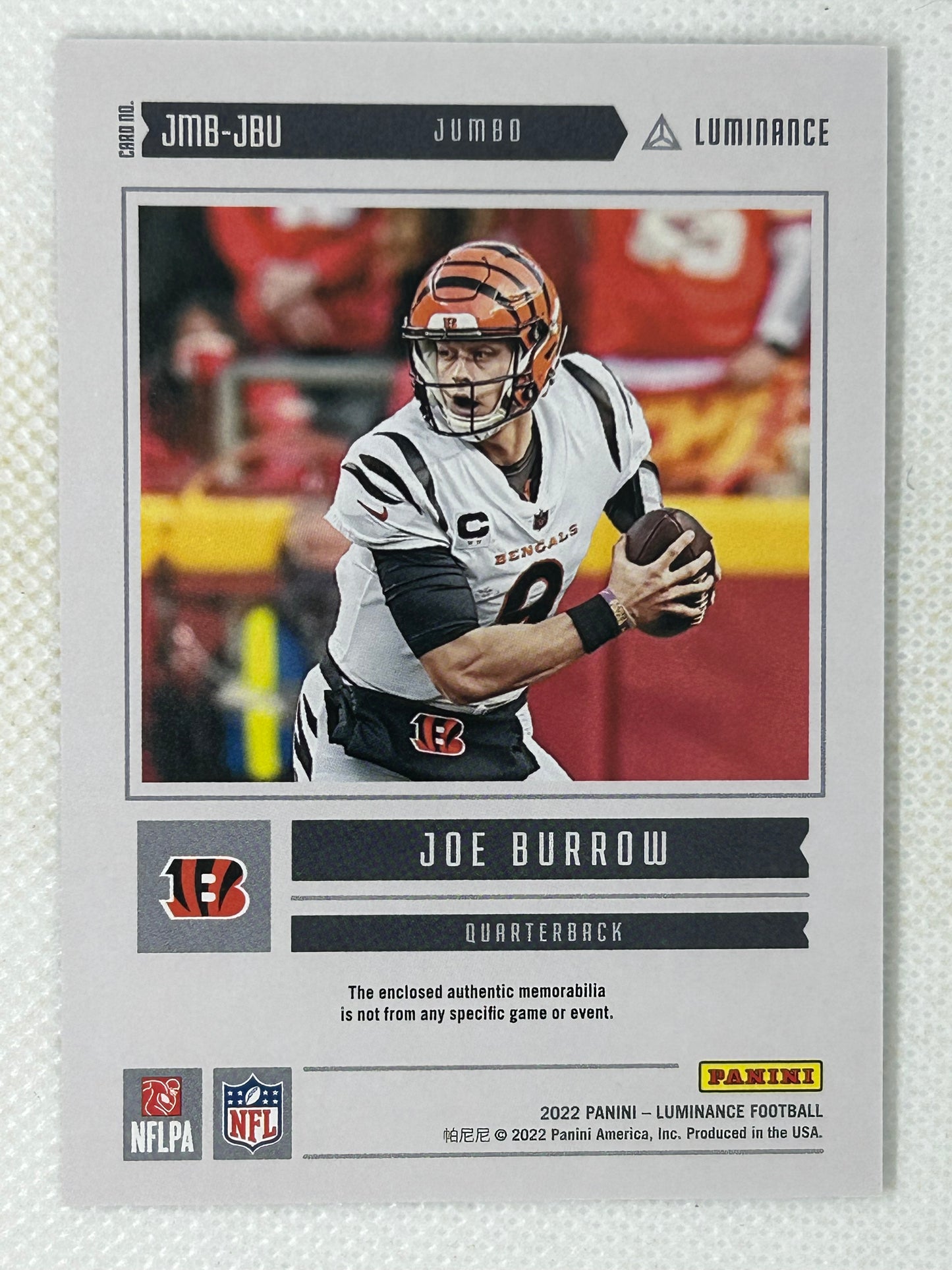 2022 Panini Luminance Jumbo Relics Joe Burrow #JMB-JBU Cincinnati Bengals