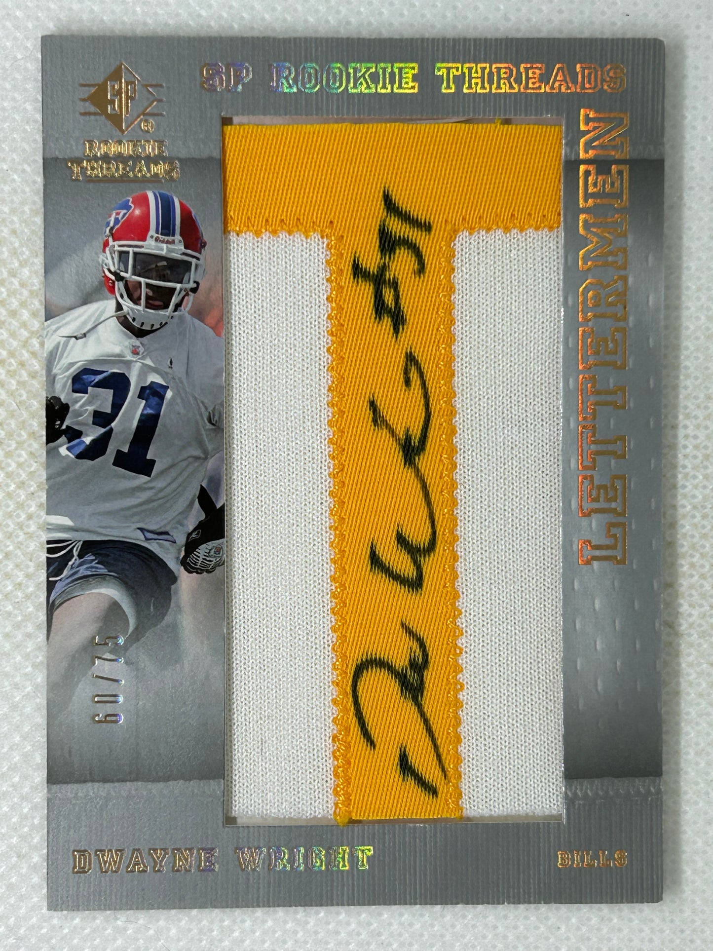 2007 SP Rookie Threads Letterman #128 Dwayne Wright #/75 Buffalo Bills