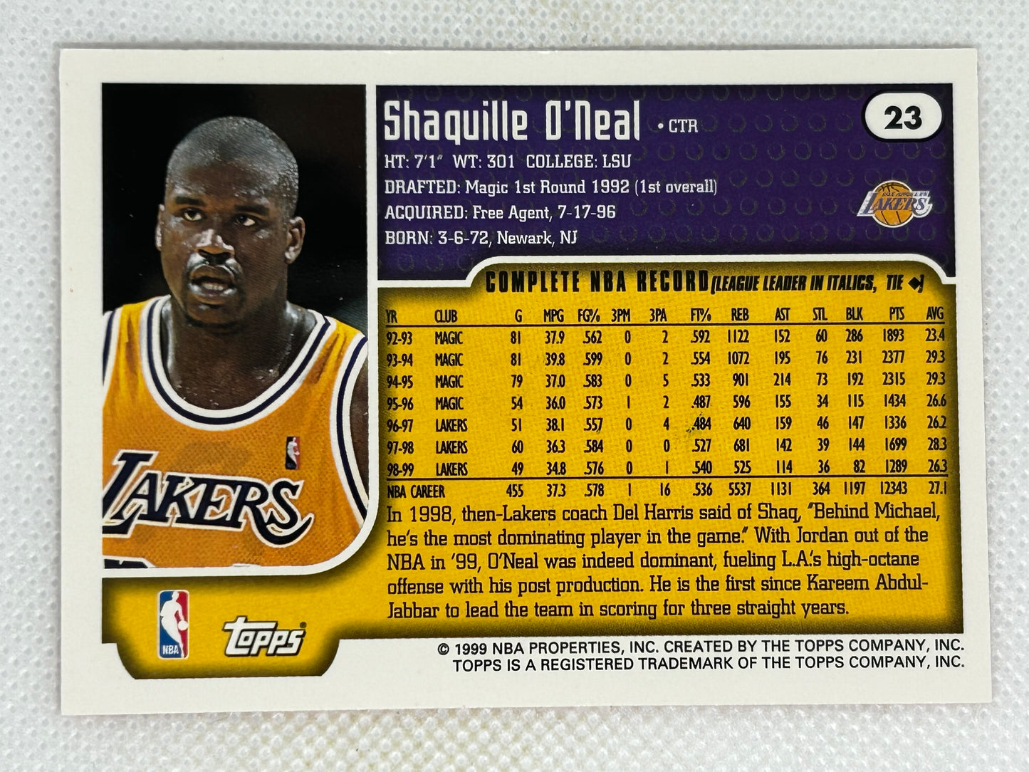 1999-00 Topps Orange Parallel Shaquille O'Neal #23 Los Angeles Lakers Signed Card