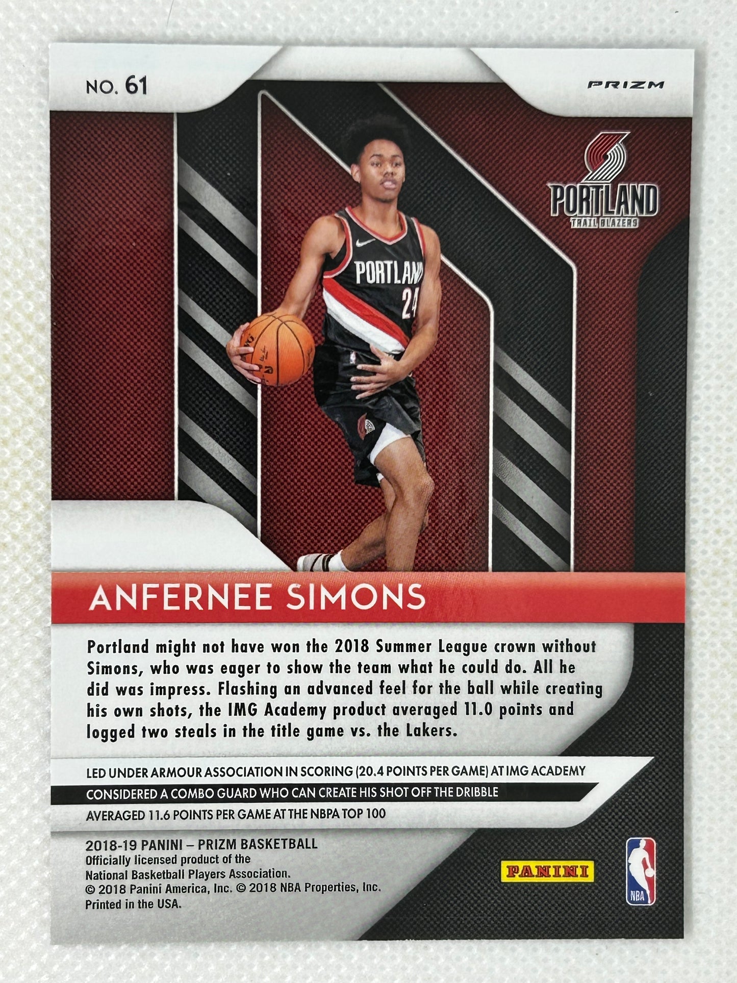 2018-19 Panini Prizm Purple Wave Prizm Rookie Card #61 Anfernee Simons Portland Trailblazers