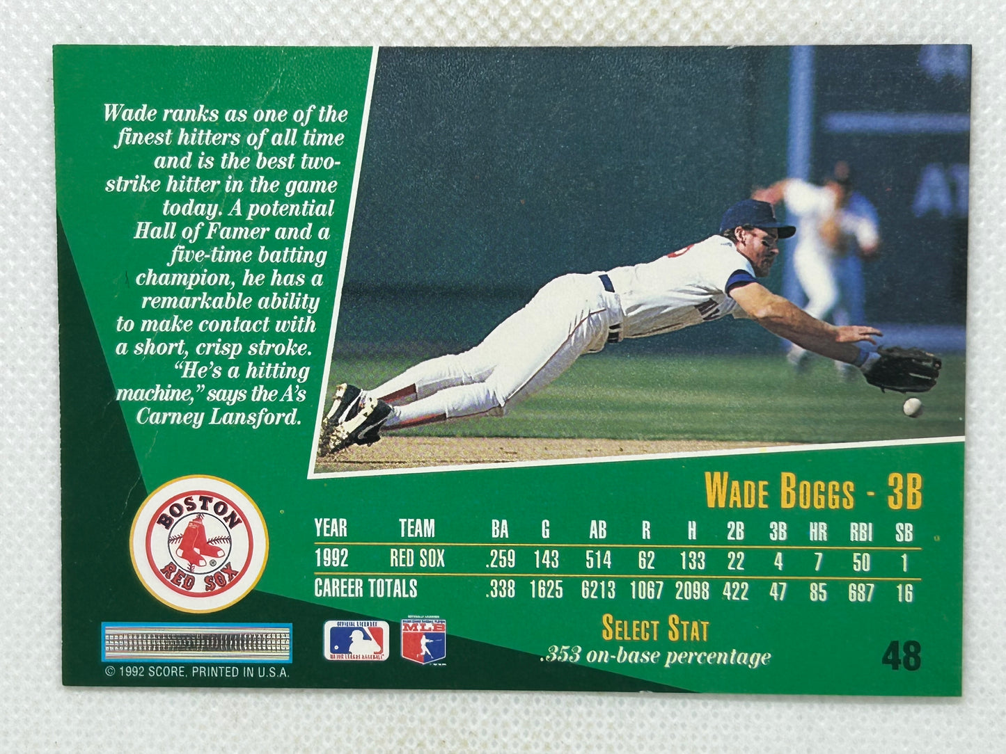 1993 Score Select Wade Boggs #48 Boston Red Sox Signed Card