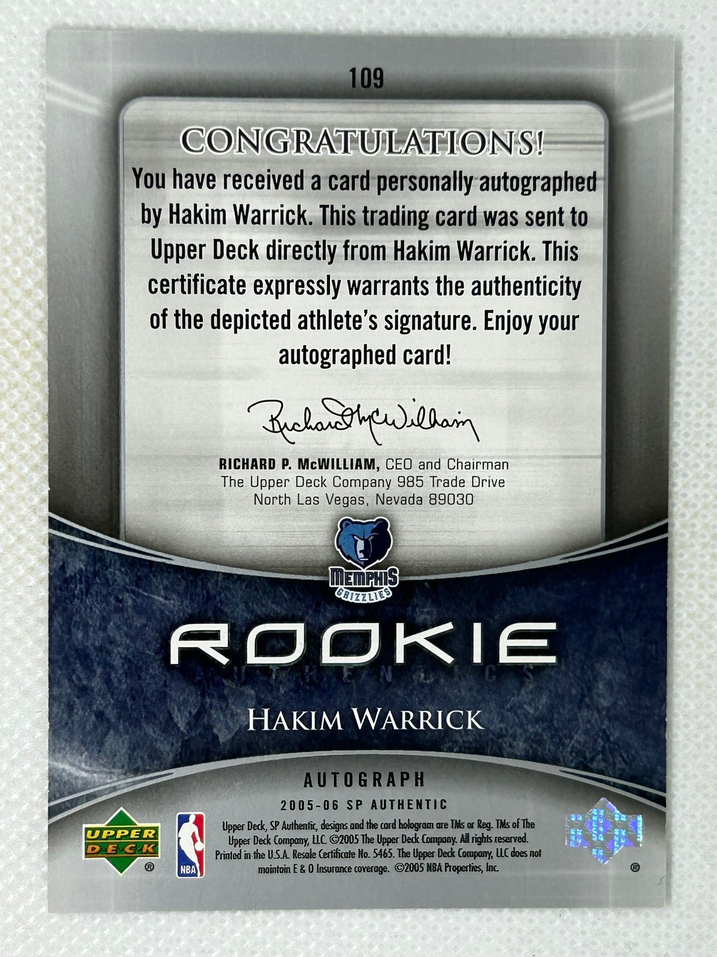 2005-06 SP Authentic Rookie Authentics Auto Autograph /1299 Hakim Warrick Memphis Grizzlies