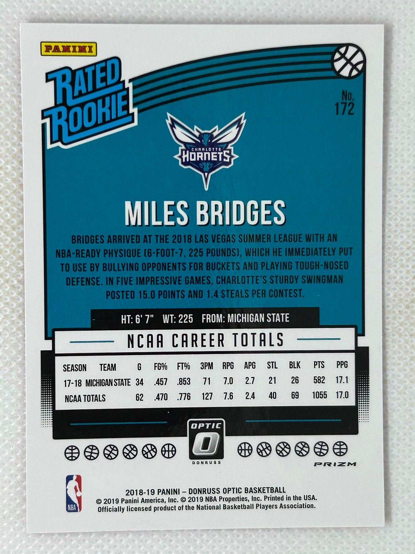2018-19 Panini Optic Hyper Pink #172 Miles Bridges Charlotte Hornets