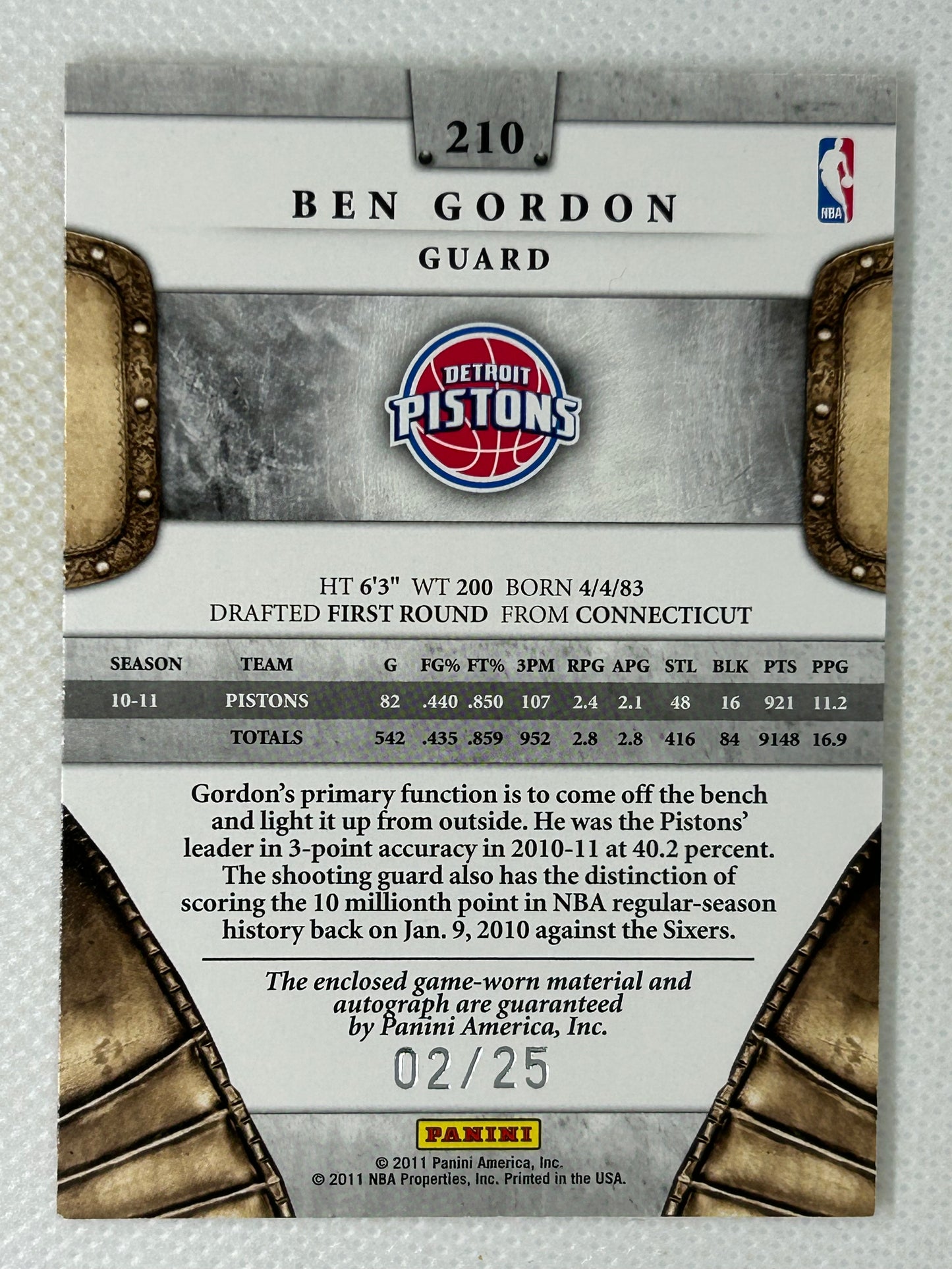 2011-12 Panini Crown Royale Silhouettes Relic Autograph #210 Ben Gordon /25 Detroit Pistons