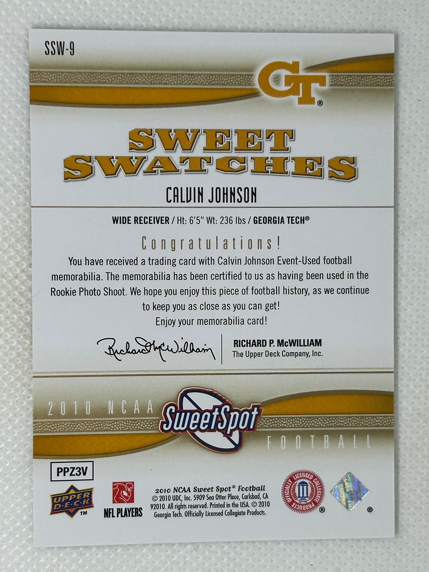 2010 Upper Deck NCAA Sweet Spot Sweet Swatches Calvin Johnson #SSW-9 Detroit Lions HOF