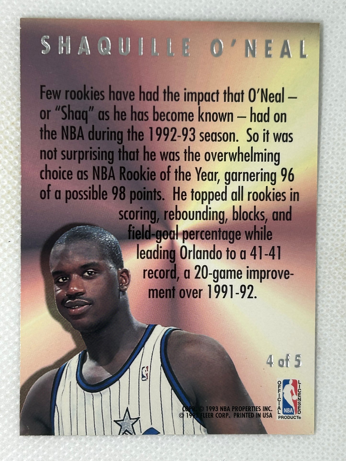 1993-94 Fleer Ultra Basketball Card Shaquille O’Neal Award Winner #4 Orlando Magic