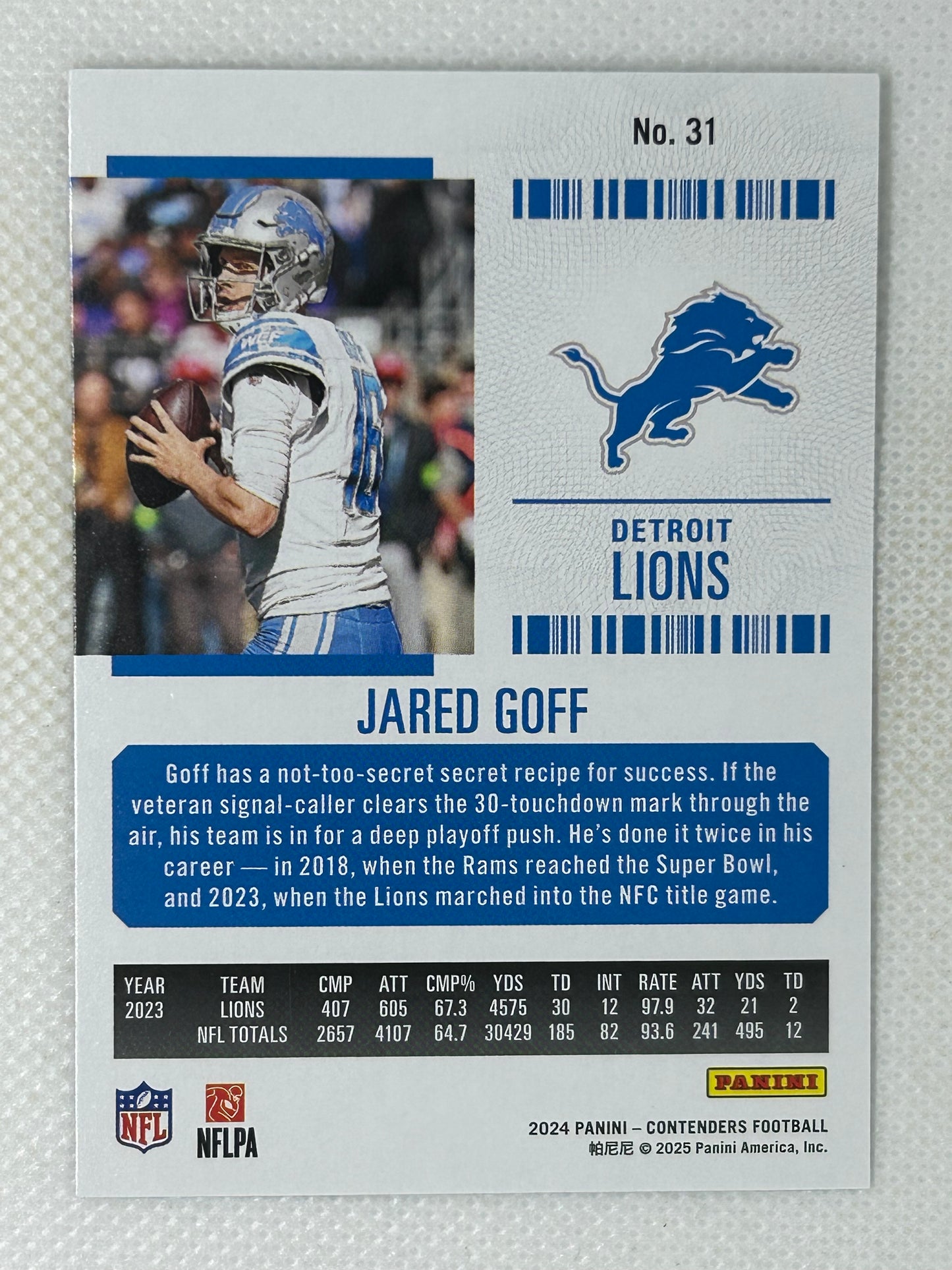 2024 Panini Contenders Season Ticket Hobby Mojo Jared Goff #31 Detroit Lions