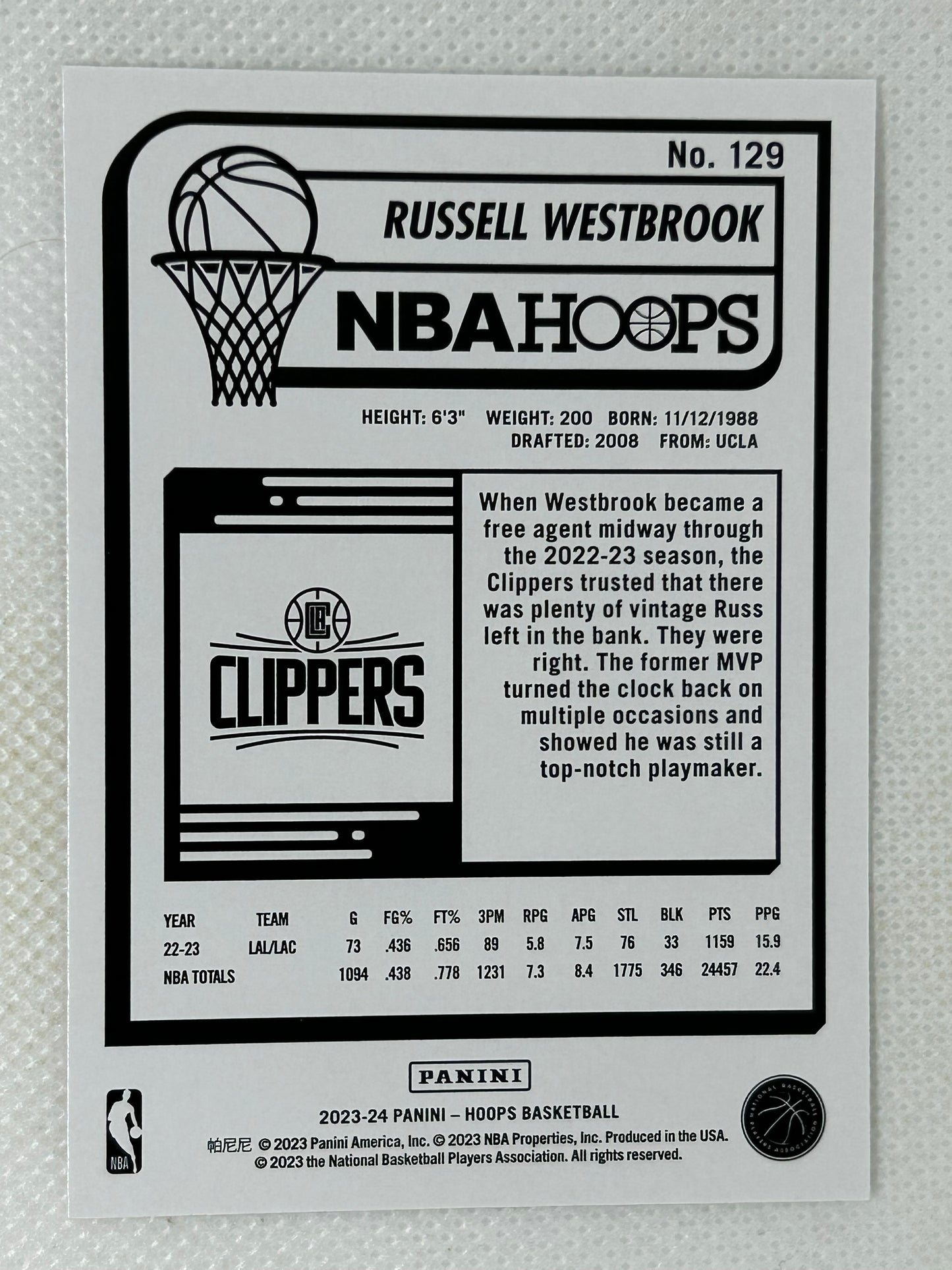 2023-24 Panini Hoops #129 Russell Westbrook Los Angeles Clippers