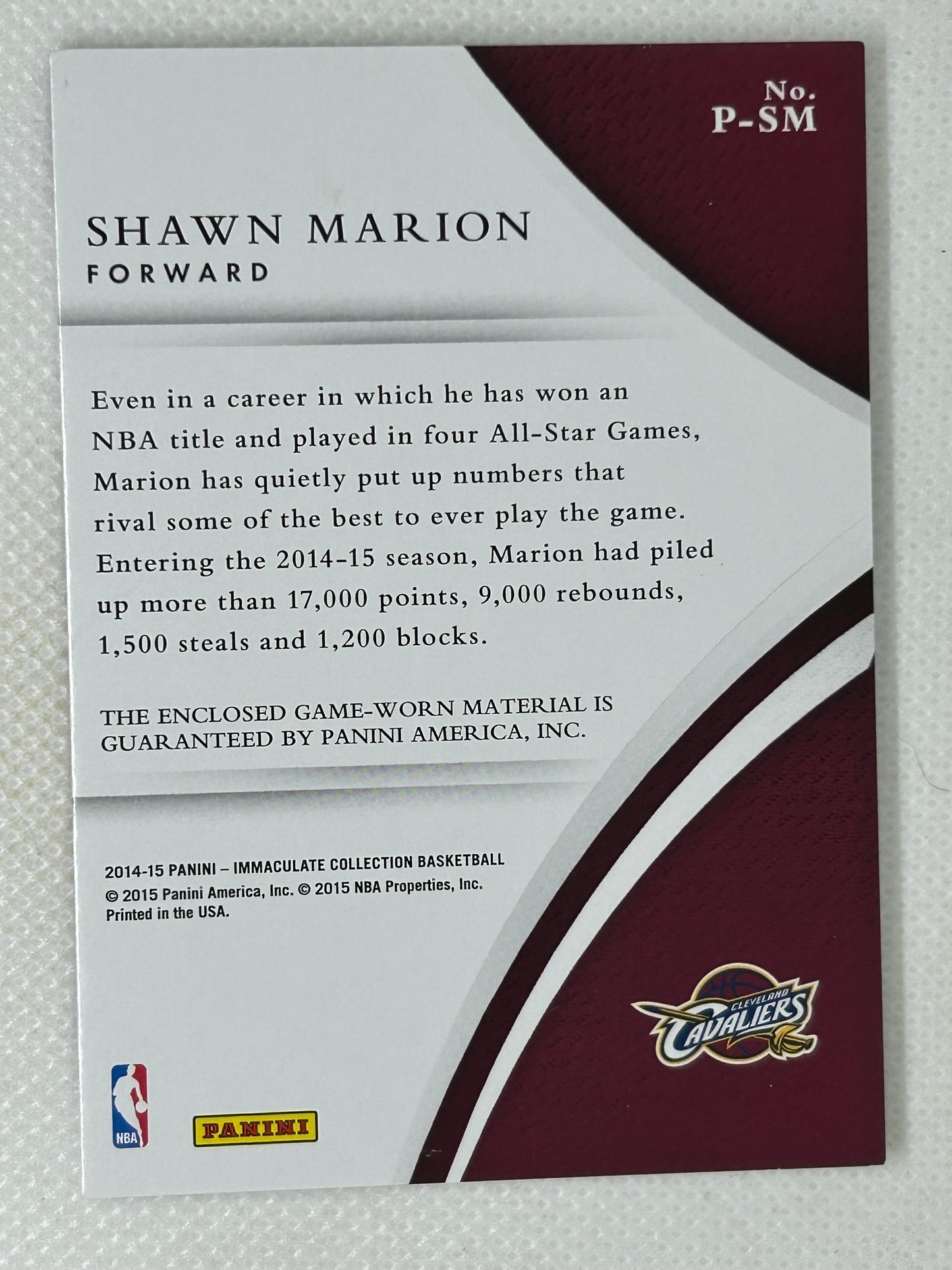 2014-15 Panini Immaculate Acetate Patch #P-SM Shawn Marion /31 Cleveland Cavaliers