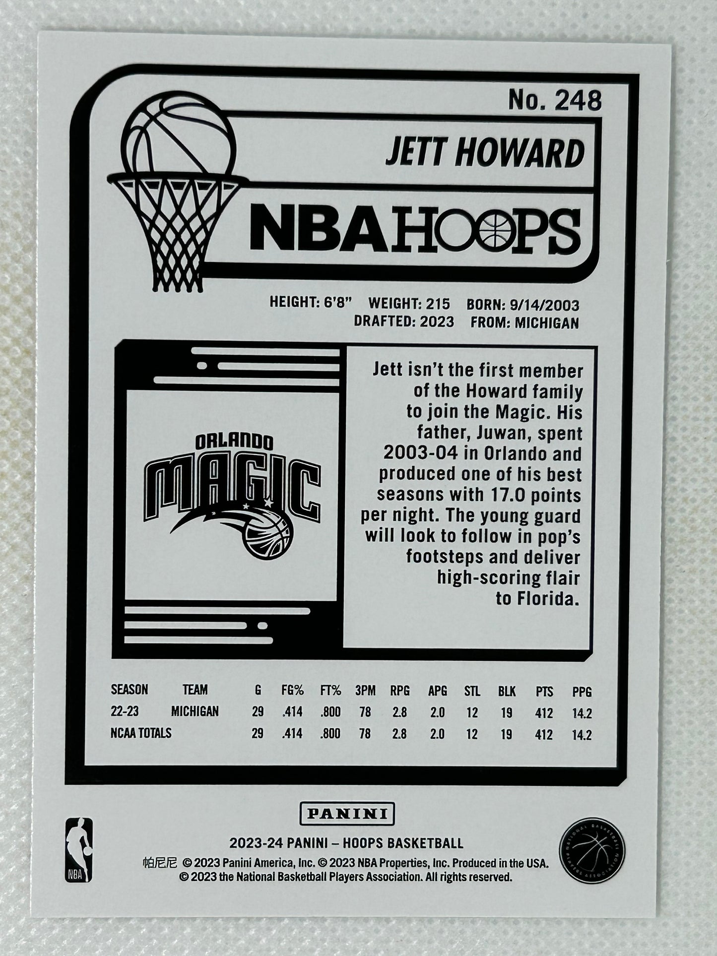 2023-24 Panini Hoops Winter Rookie Card Jett Howard #248 Orlando Magic