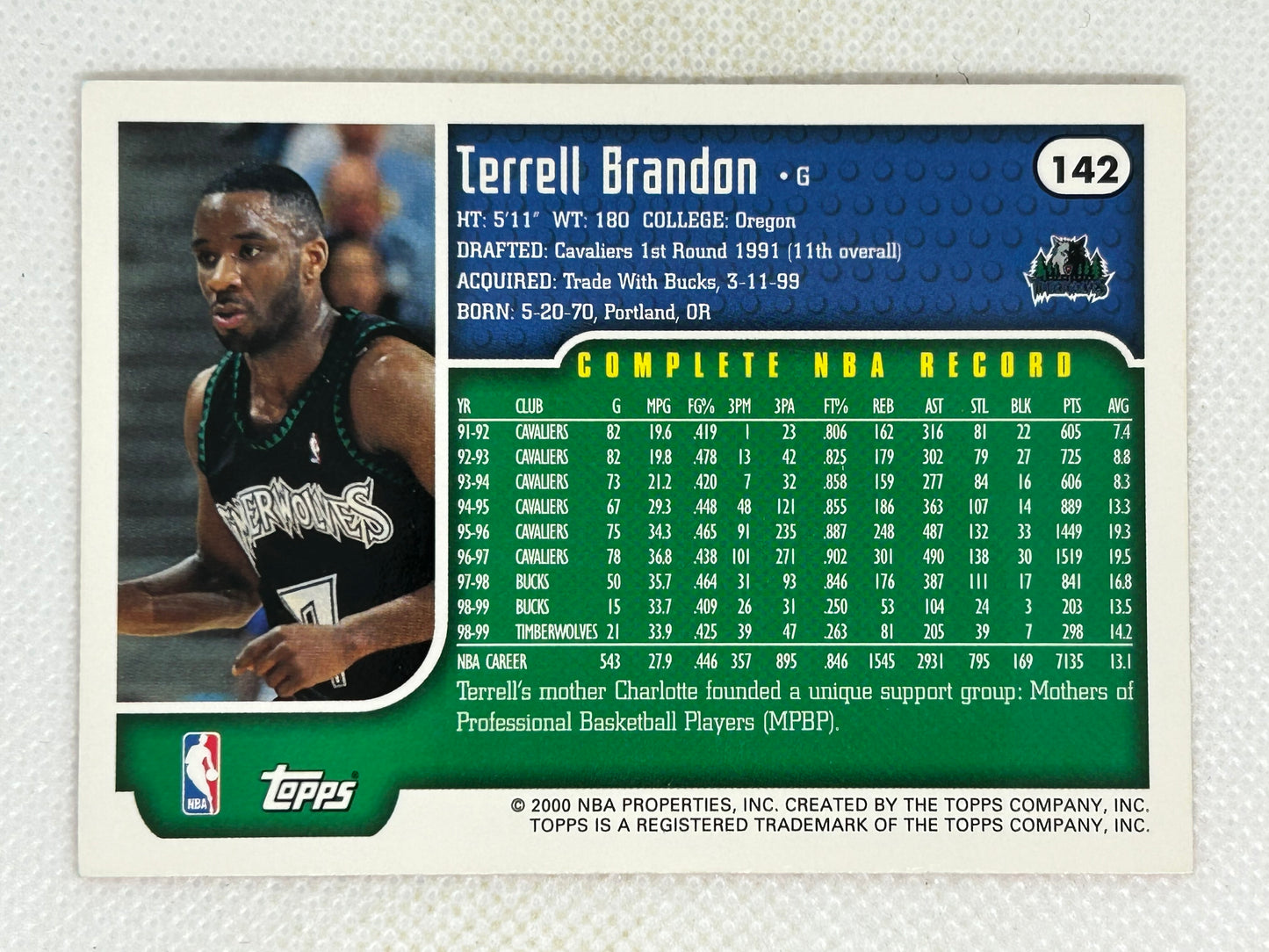 1999-00 Topps Terrell Brandon #142 Minnesota Timberwolves Signed Card