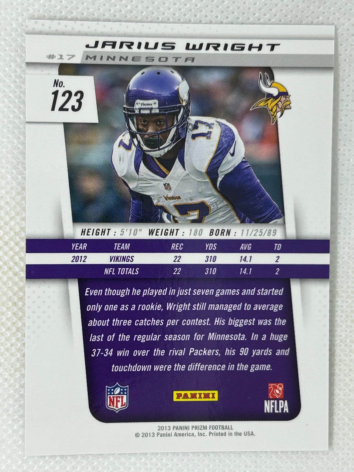 2013 Panini Prizm Jarius Wright #123 Minnesota Vikings Signed Card