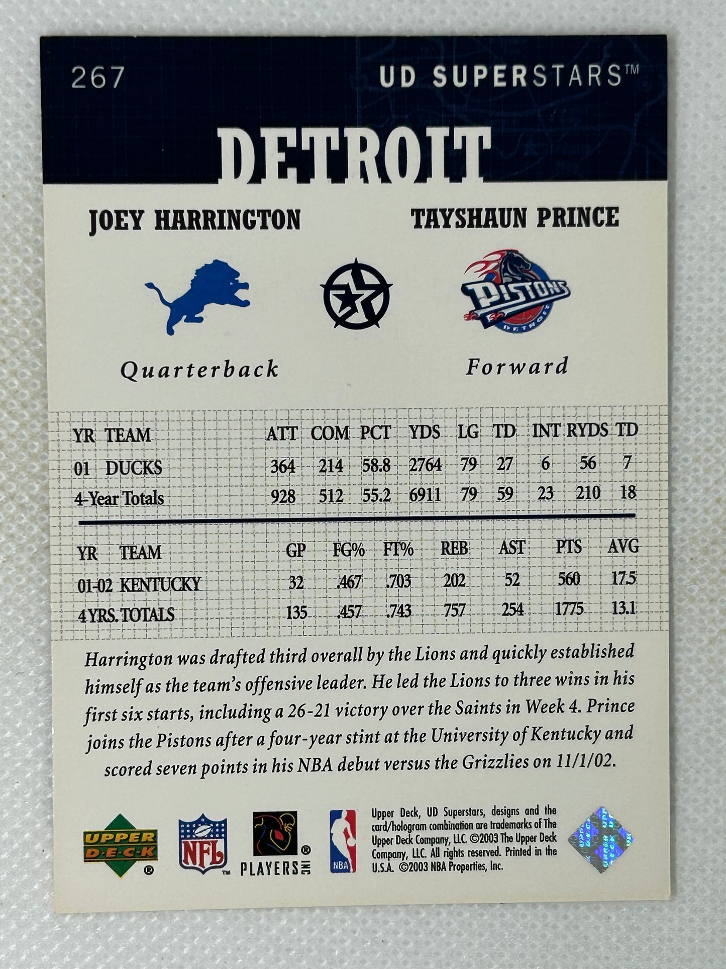 2002 Upper Deck Star Rookies First Class Joey Harrington Tayshaun Prince #267 Detroit Pistons Detroit Lions