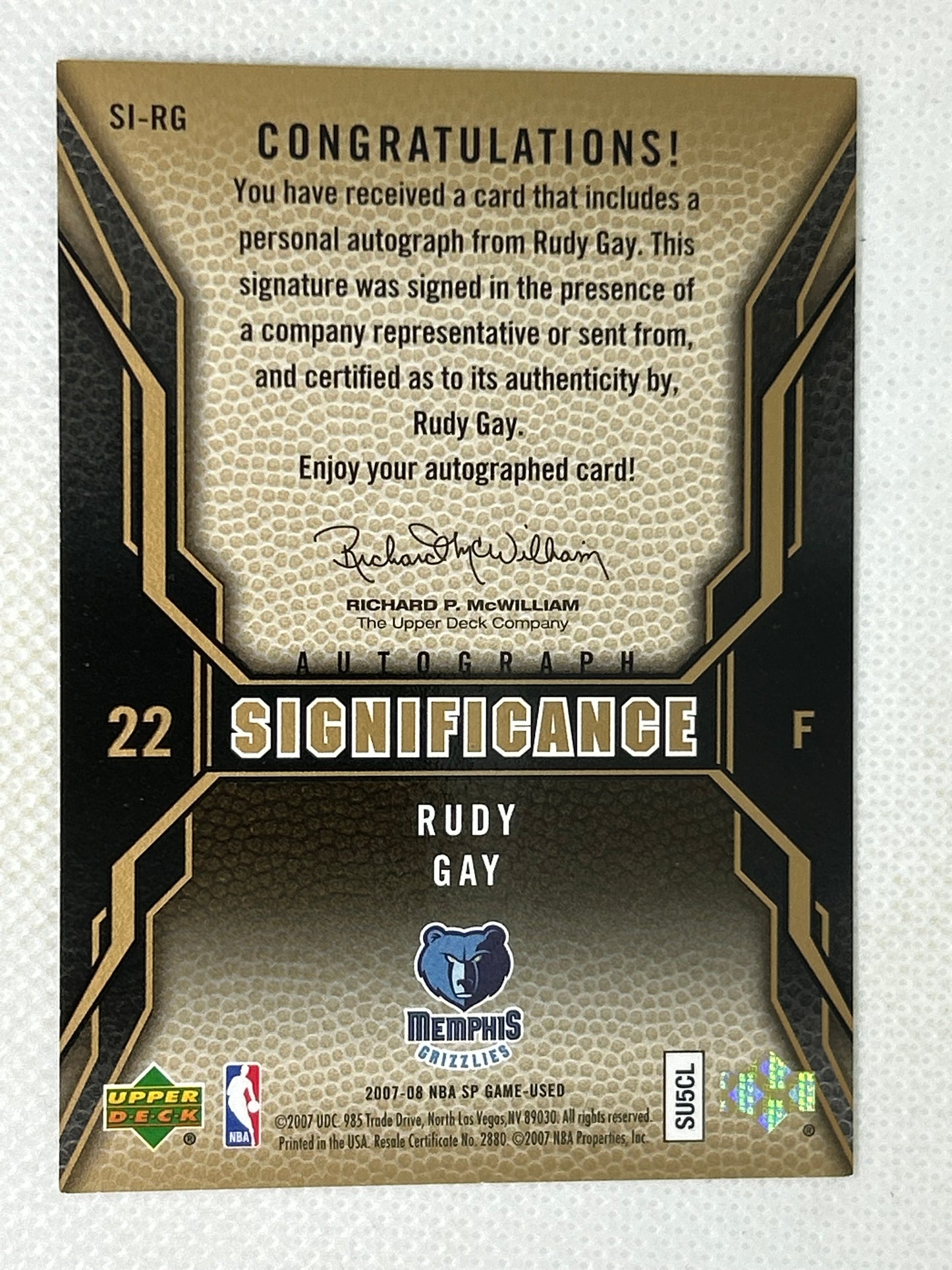 2007-08 SP Authentic SIGnificance Rudy Gay Autograph #SI-RG Memphis Grizzlies