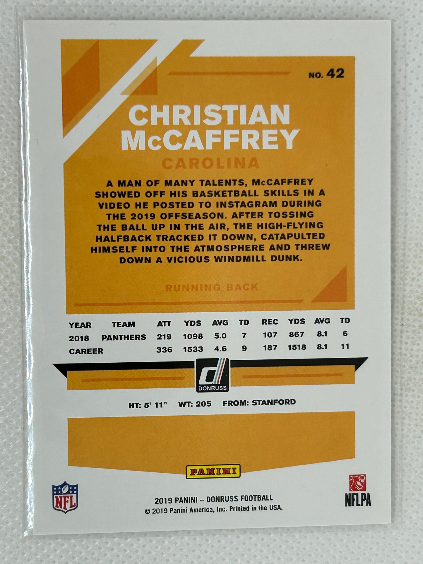 2019 Panini Donruss Christian McCaffery #42 Carolina Panthers