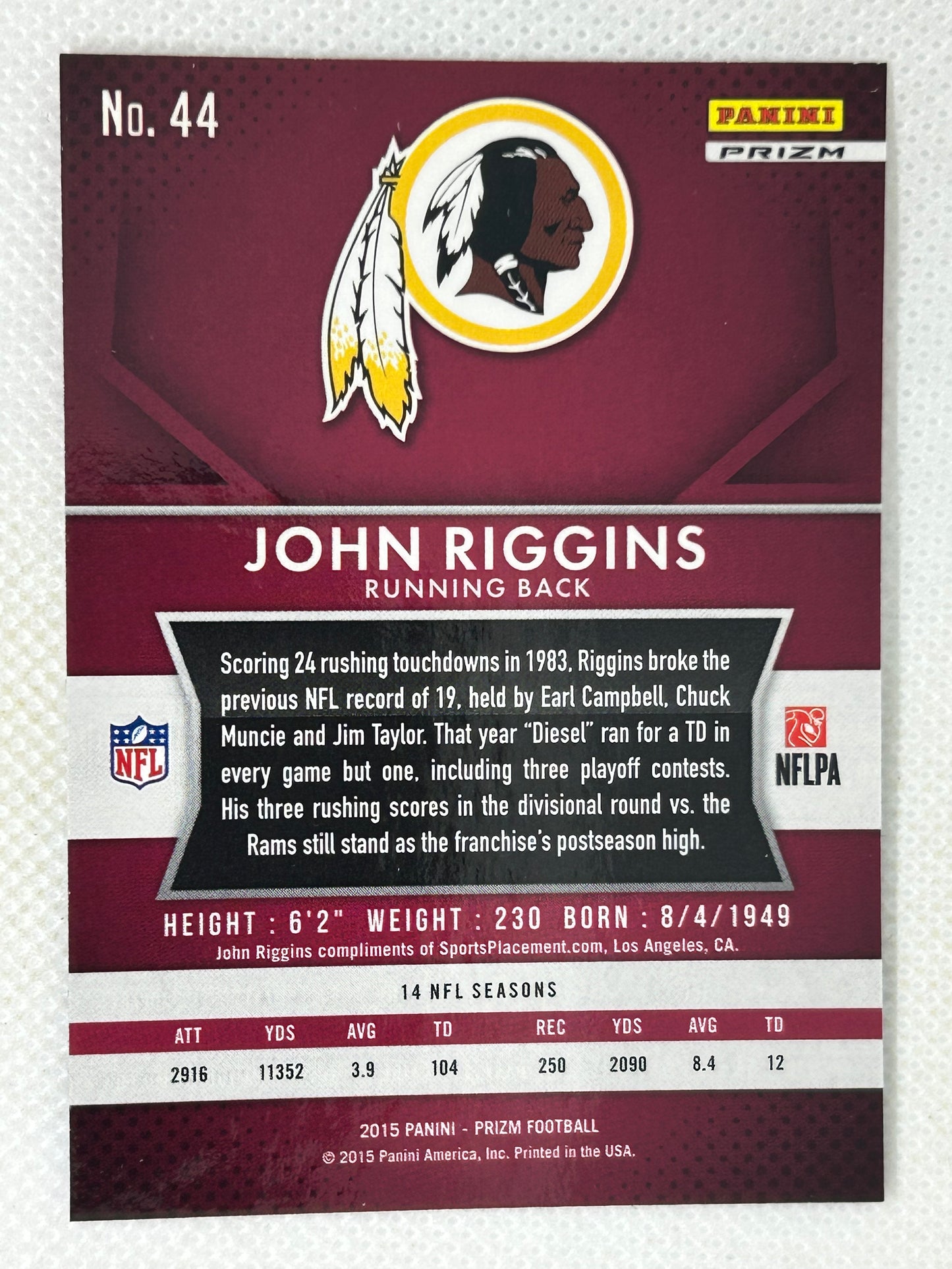 2015 Panini Prizm #44 John Riggins Red White & Blue Prizm Washington Redskins