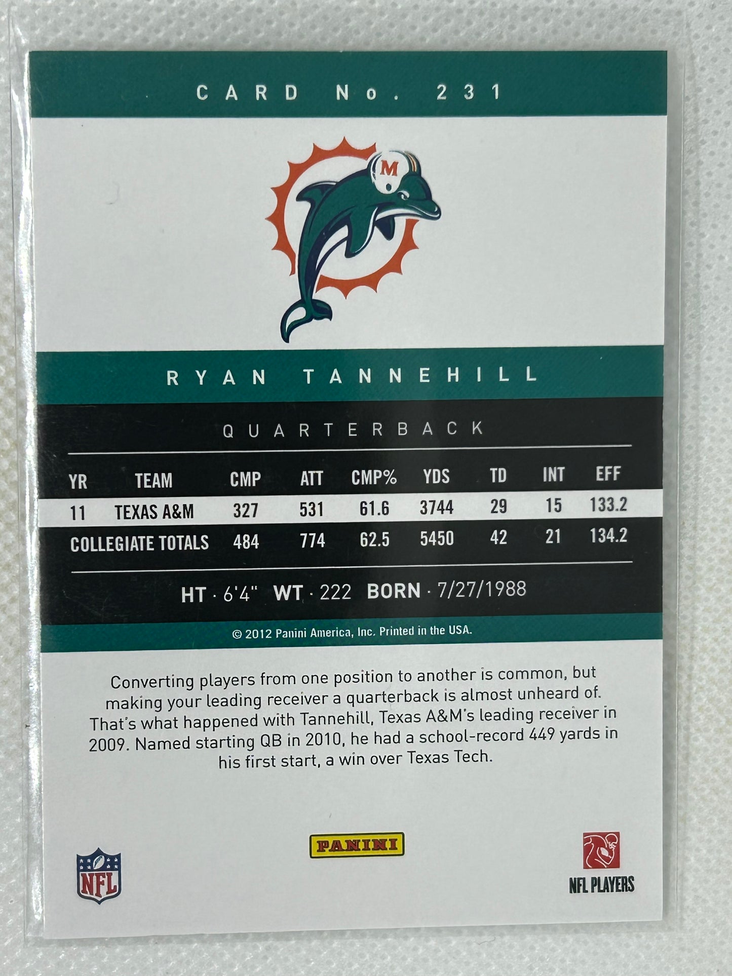 2012 Panini Prestige Rookie #231 Ryan Tannehill Miami Dolphins