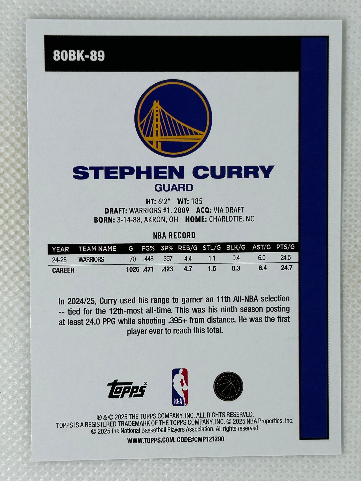 2025-26 Topps Basketball Stephen Curry 45th Anniversary 80BK-89 Golden State Warriors