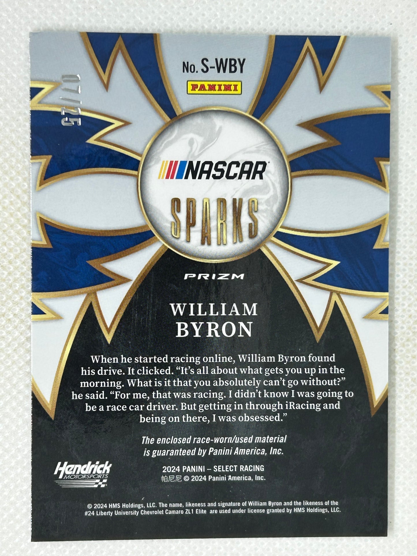 2024 Panini Prizm Select Sparks Tie-Die Relic #S-WBY /25 William Byron