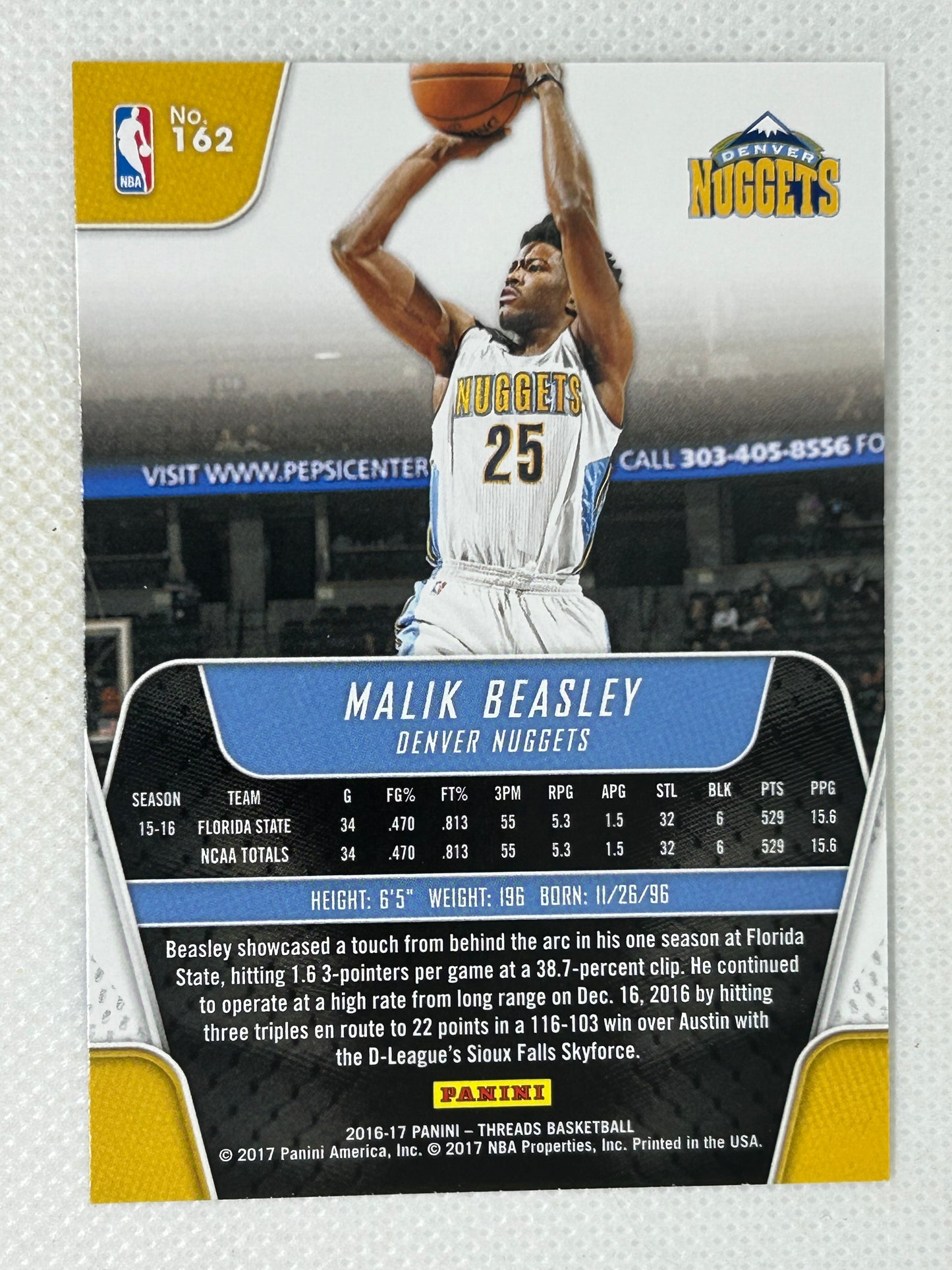 2016-17 Panini Threads #162 Malik Beasley Rookie Card Denver Nuggets