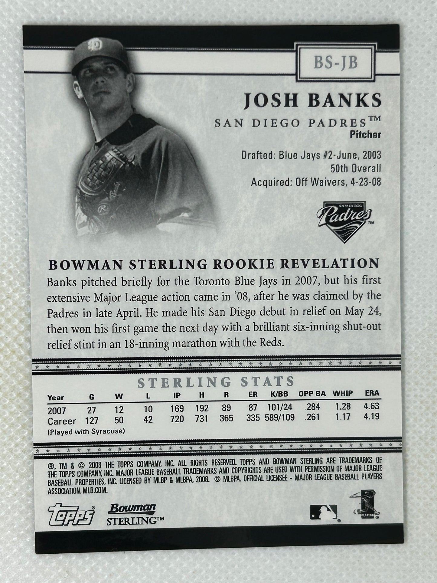 2008 Bowman Sterling Josh Banks #BS-JB Rookie Card 1/1 Cyan Printing Plate San Diego Padres