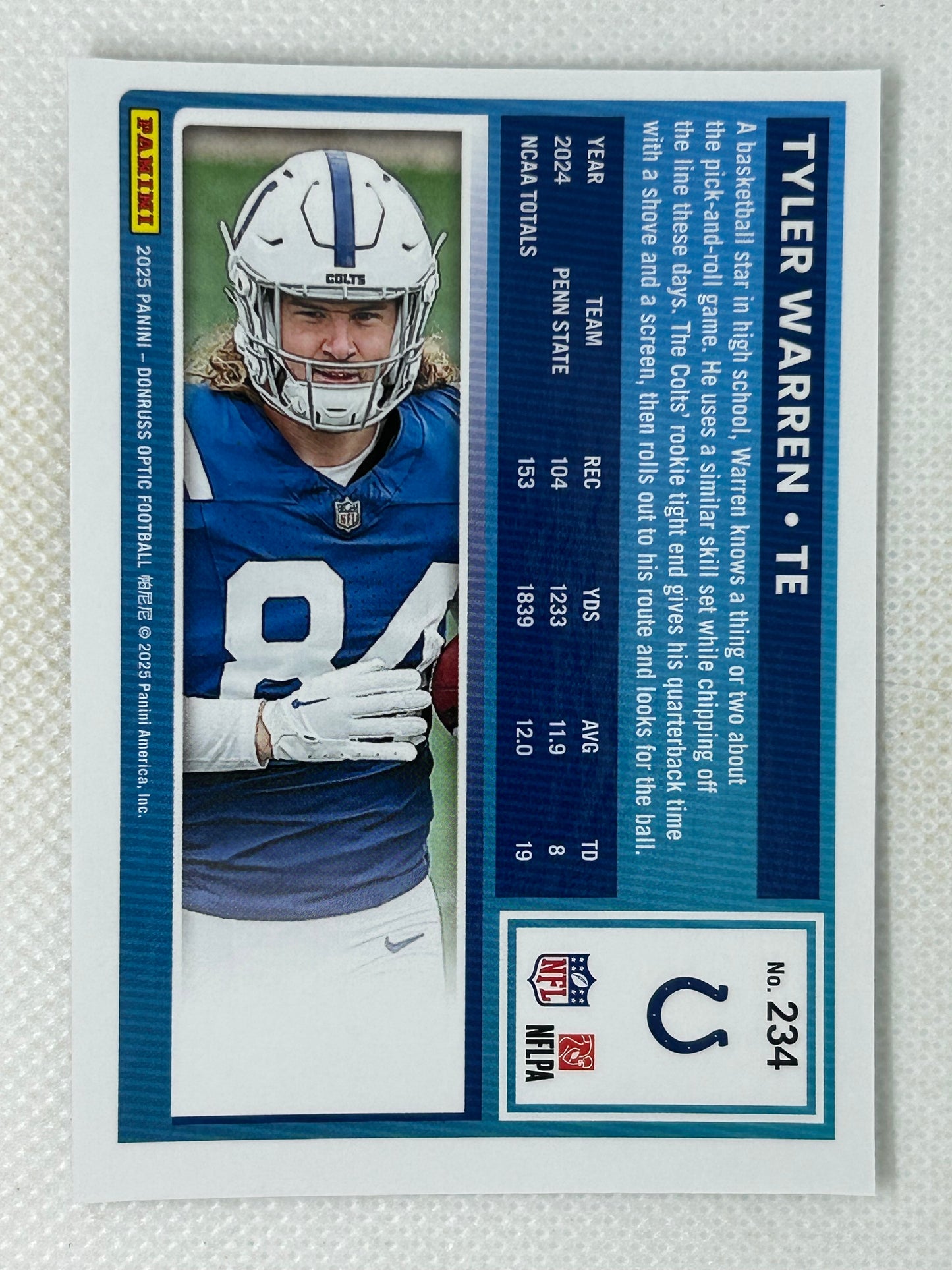 2025 Panini Donruss Optic Rookie Tyler Warren #234 Indianapolis Colts