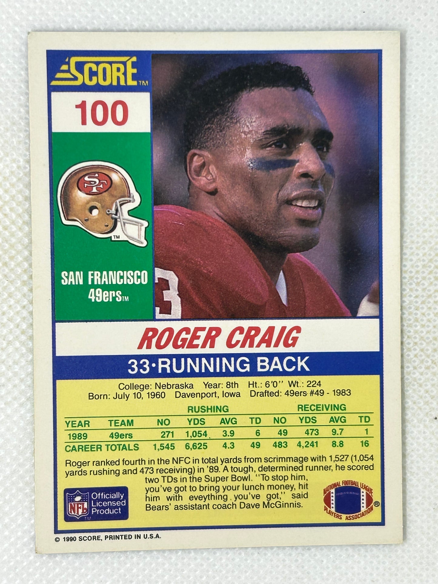 1990 Score Roger Craig #100 San Francisco 49ers Signed Card