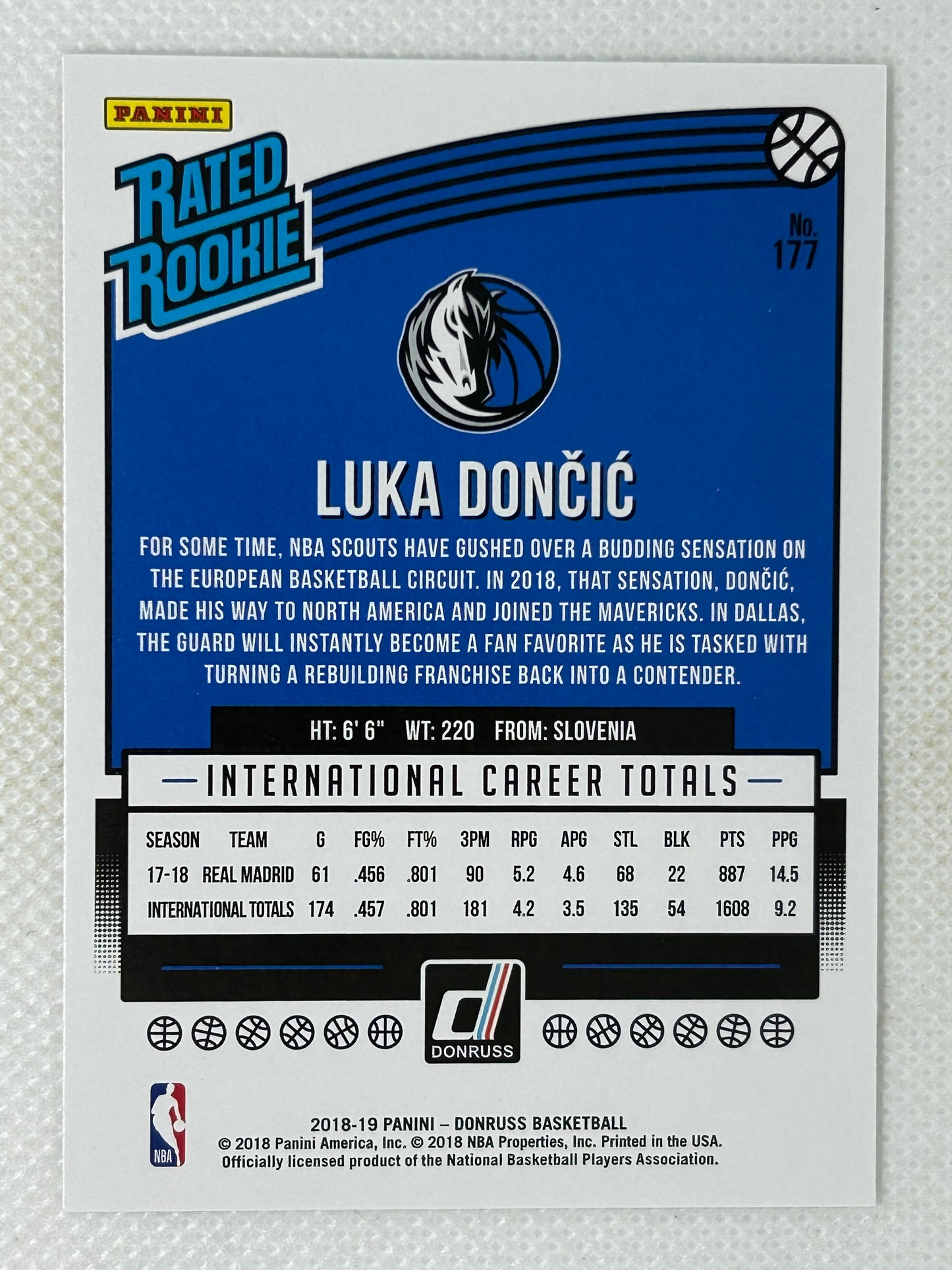 2018-19 Panini Donruss Luka Dončić Rated Rookie #177 Dallas Mavericks