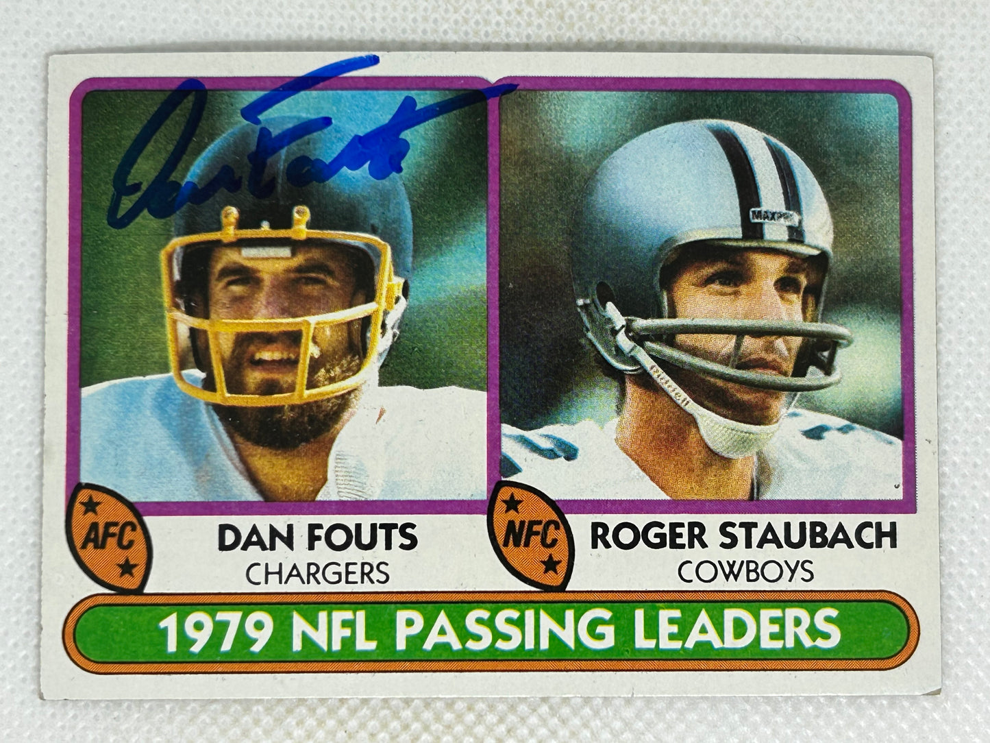 1980 Topps #331 1979 NFL Passing Leaders Dan Fouts & Roger Staubach San Diego Chargers Signed Card