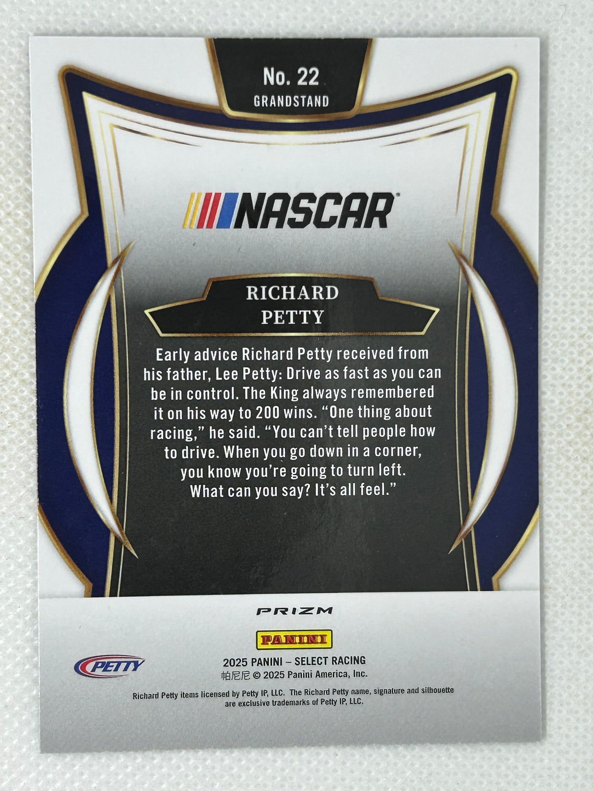 2025 Panini Select Racing Grandstand Tri-Color Prizm Richard Petty #22 Signed Card
