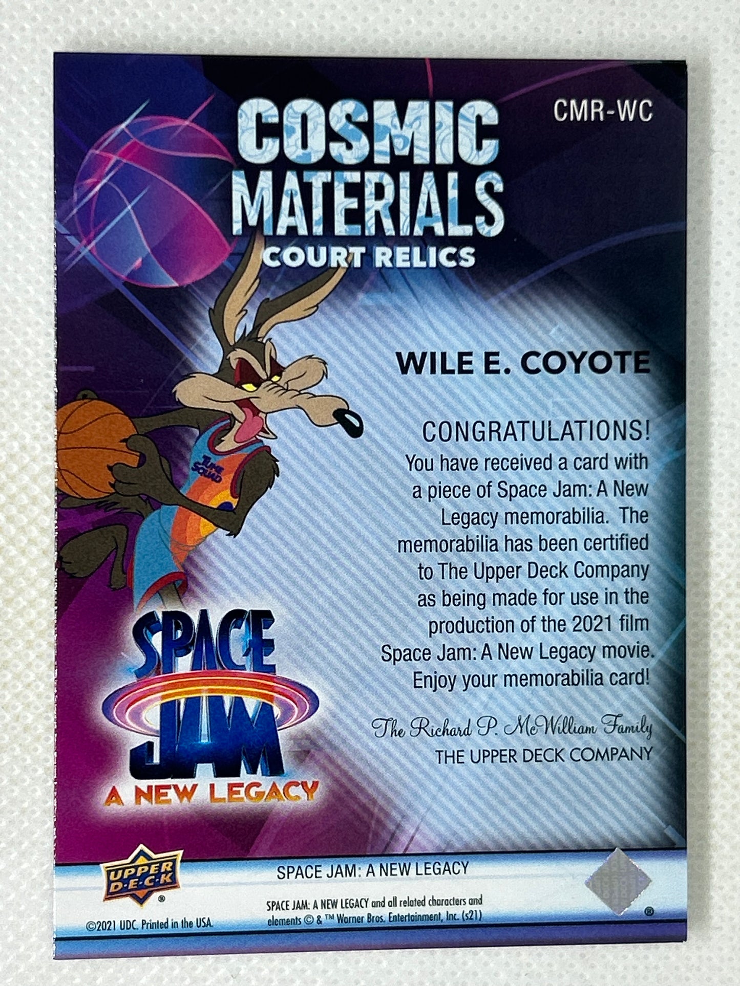 2021 Upper Deck Space Jam A New Legacy Cosmic Materials Court Relics Card #CMR-WC Wile E. Coyote