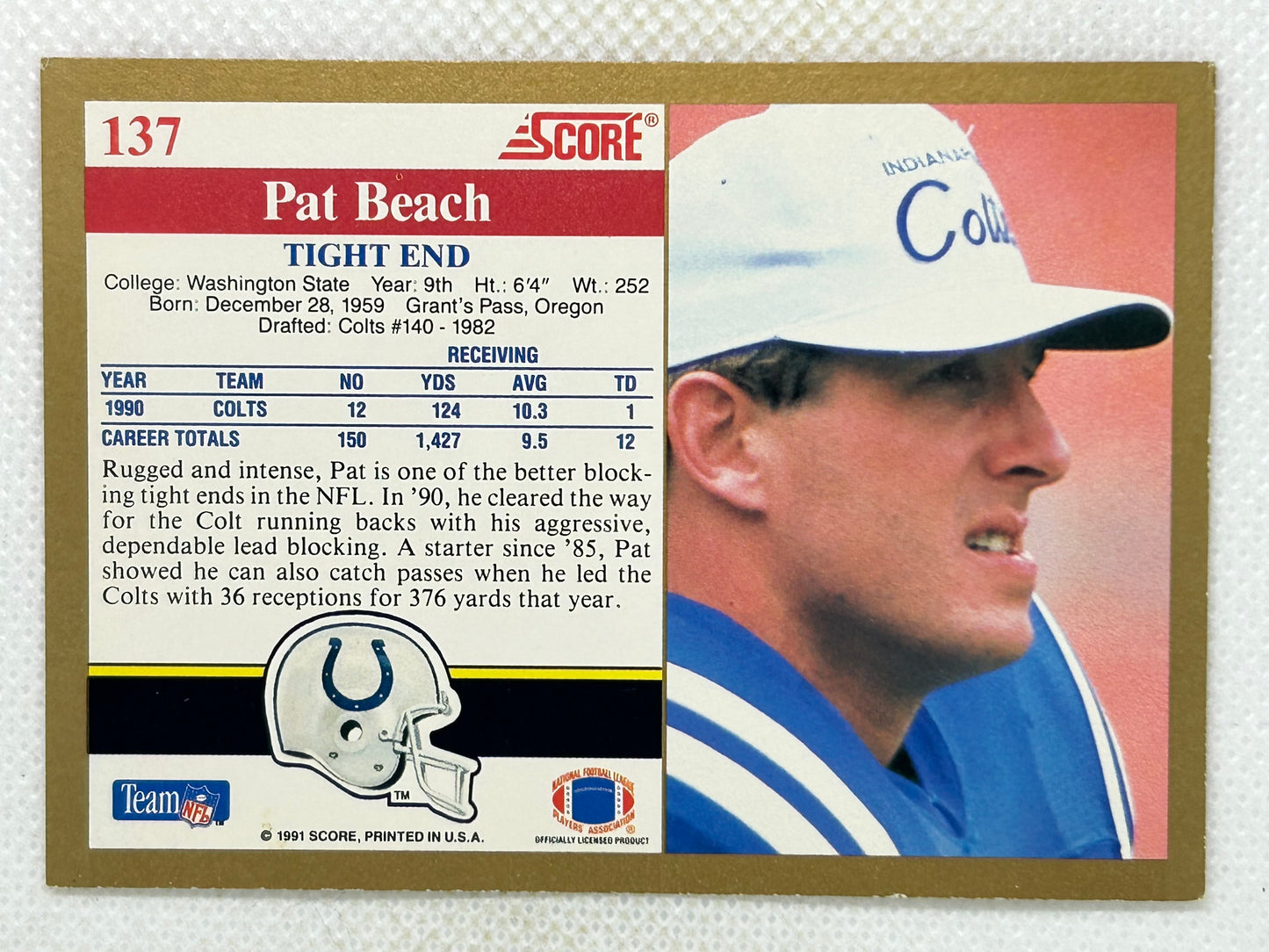 1991 Score Pat Beach #137 Indianapolis Colts Signed Card