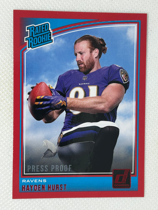 2018 Panini Donruss Rated Rookie Press Proof Red Hayden Hurst #339 Baltimore Ravens