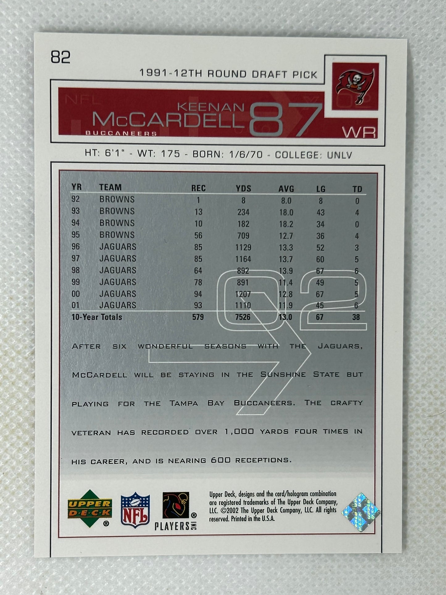 2002 Upper Deck Keenan McCardell #82 Tampa Bay Buccaneers Signed Card